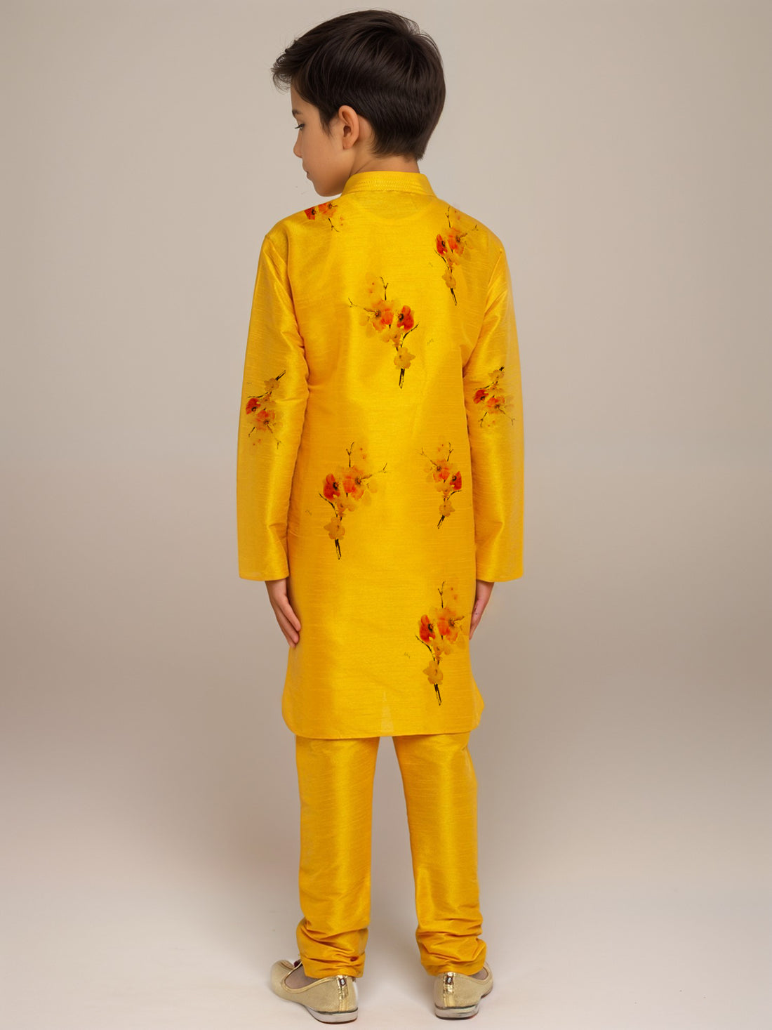 Boys Mustard Printed Dupion Silk Kurta