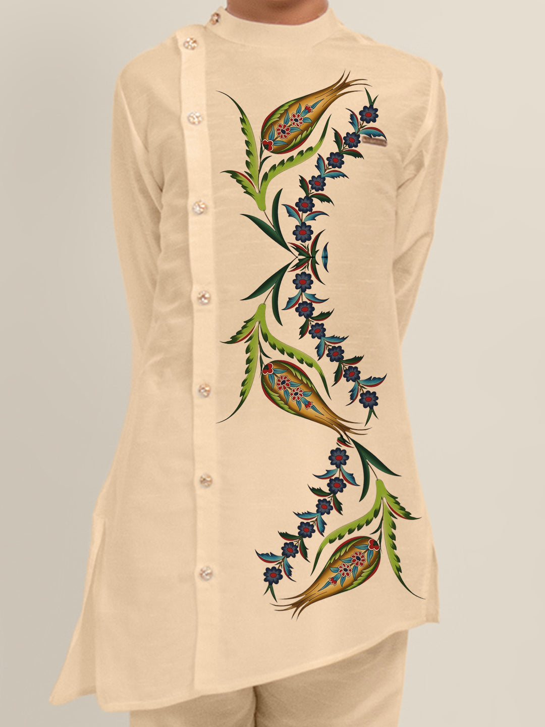 Boys Beige Printed Dupion Silk Kurta