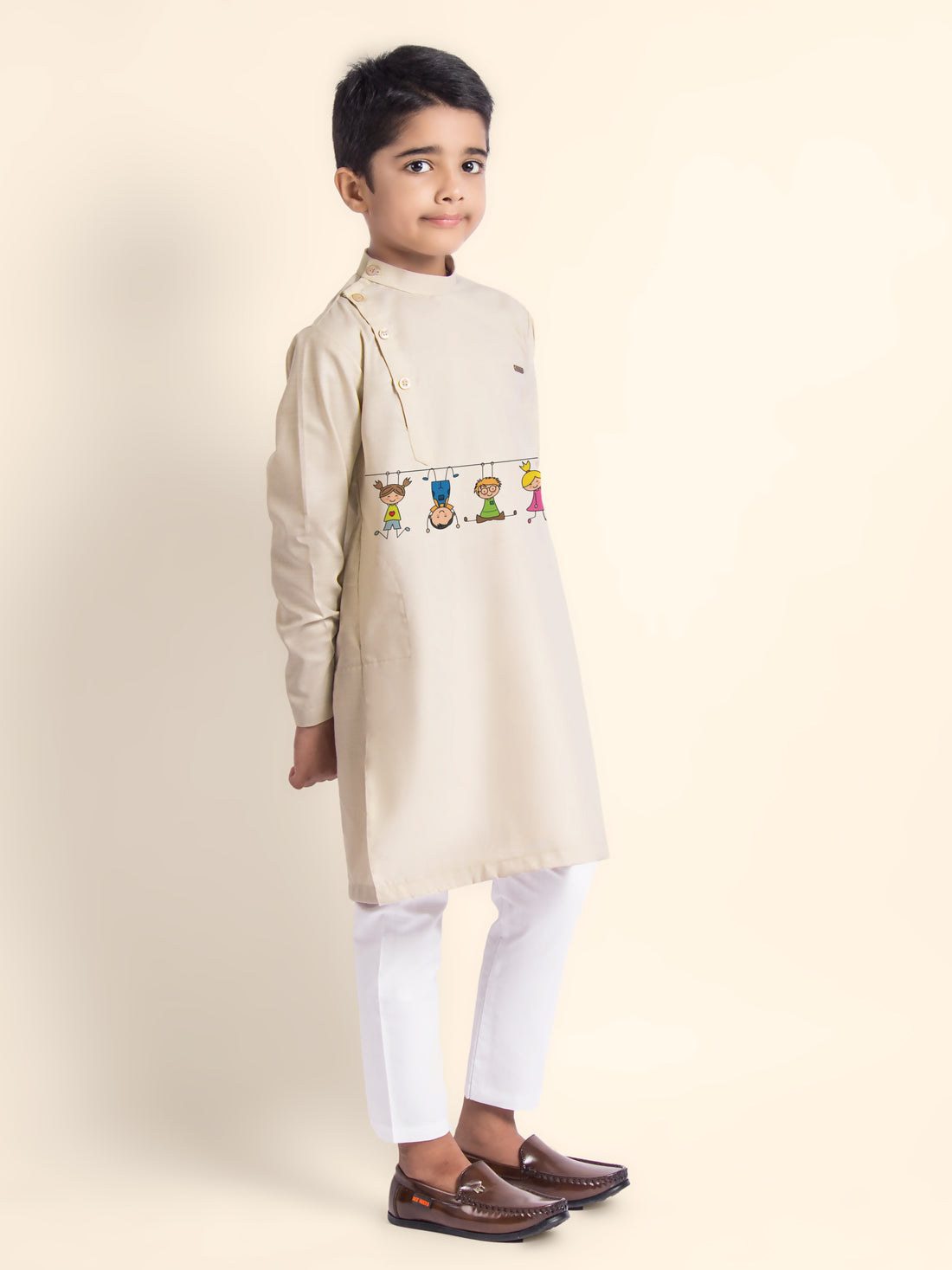 Boys Beige Kurta with Print