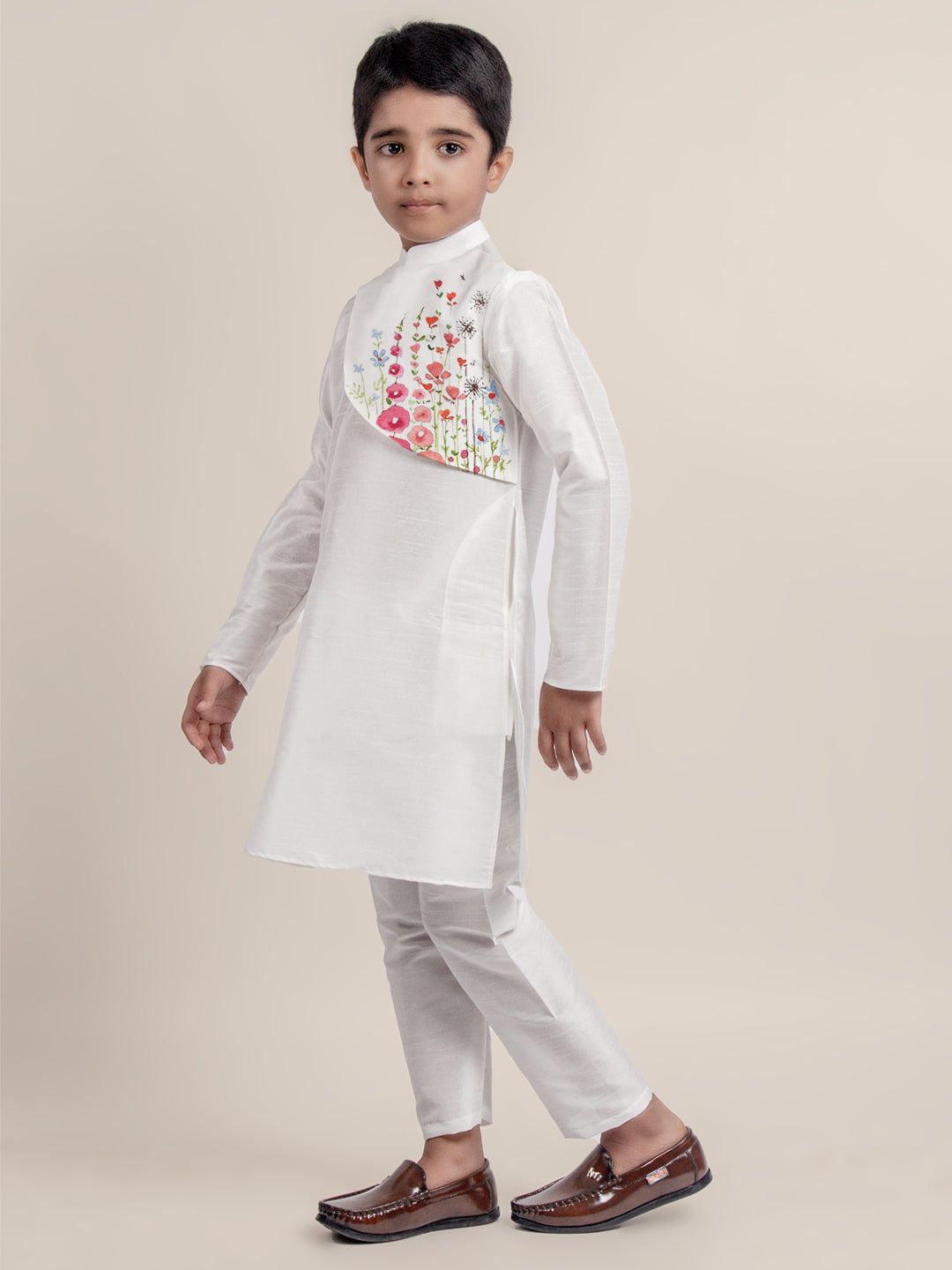 Boys White Dupion Silk Kurta with Print