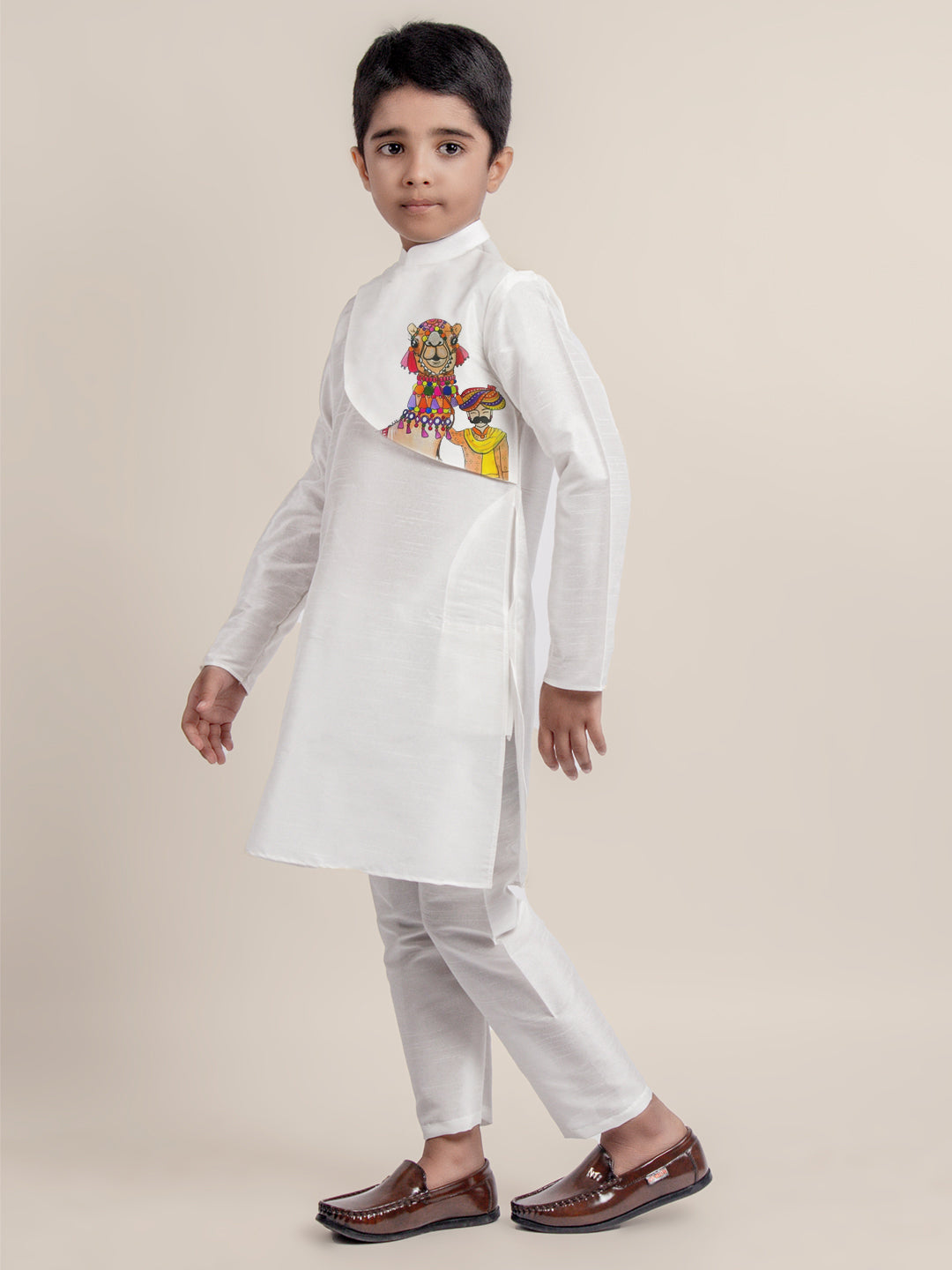 Boys White Dupion Silk Kurta with Print