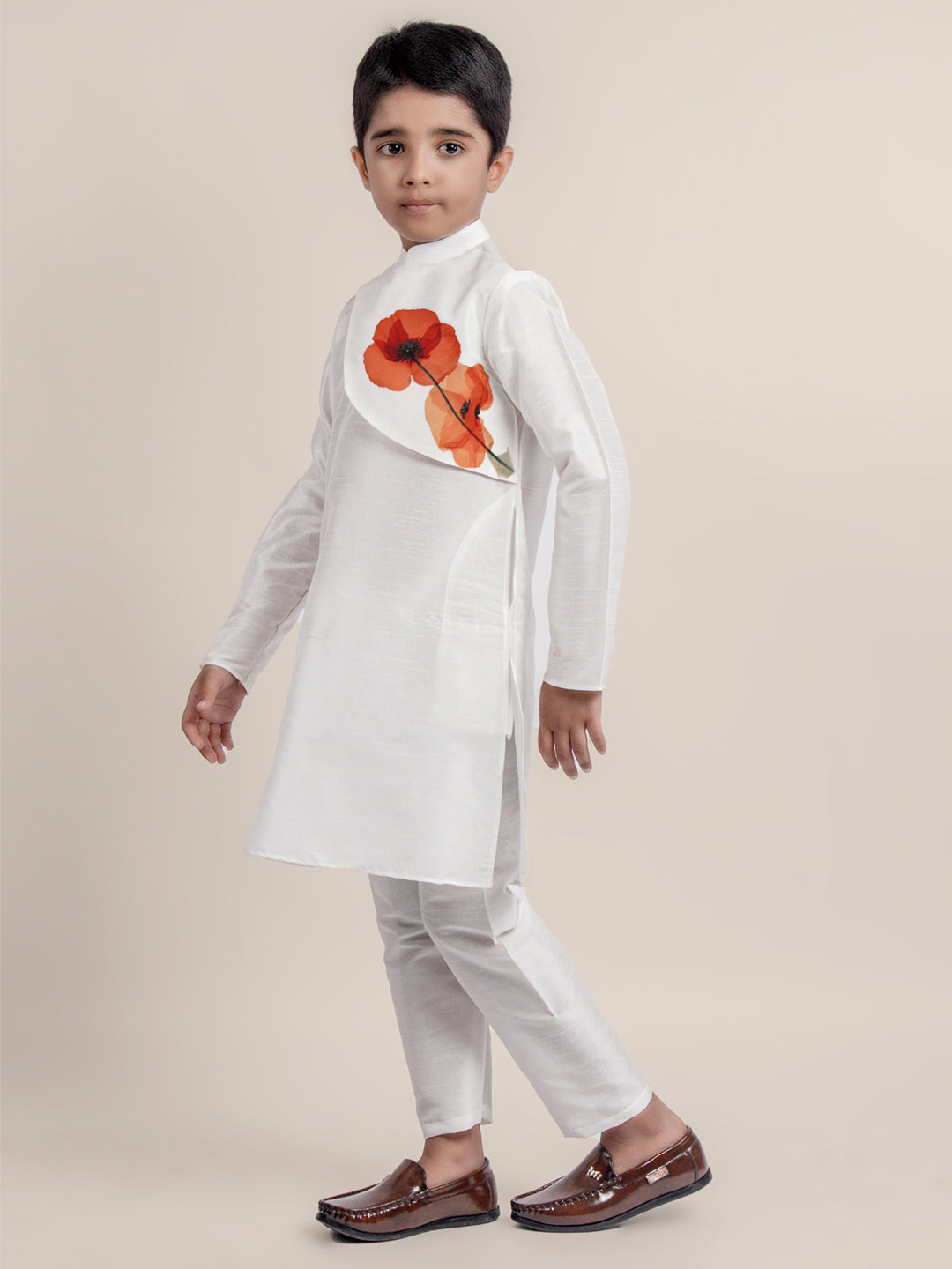 Boys White Dupion Silk Kurta with Print