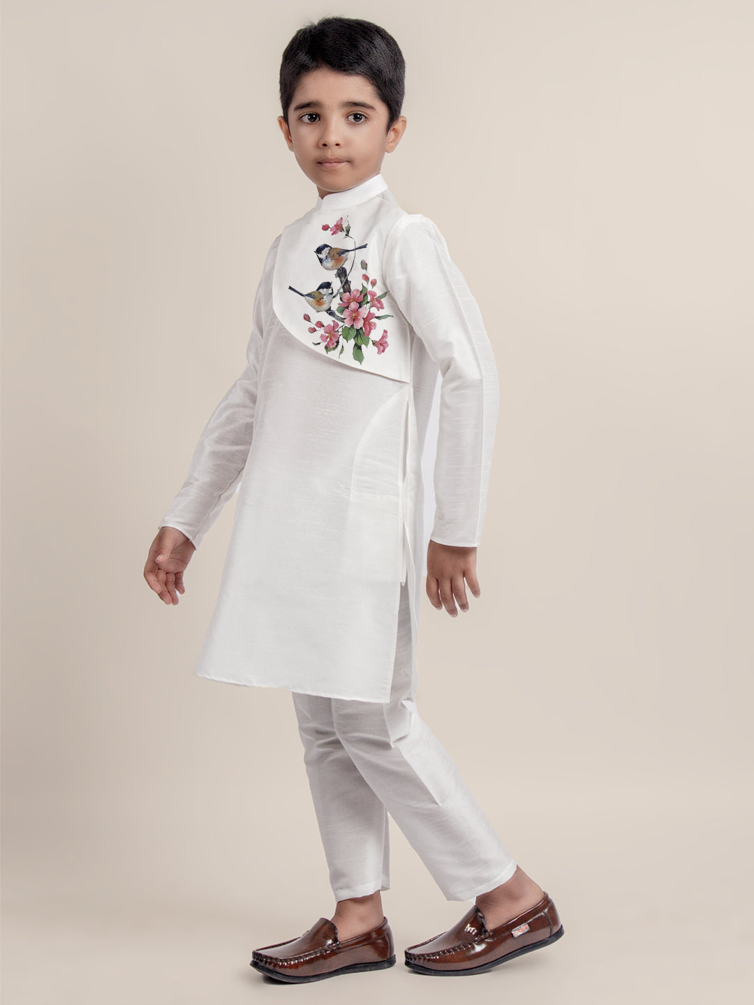 Boys White Dupion Silk Kurta with Print