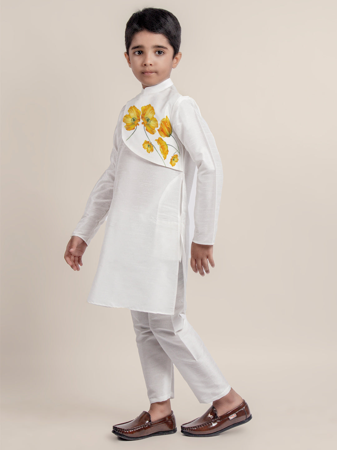 Boys White Dupion Silk Kurta with Print