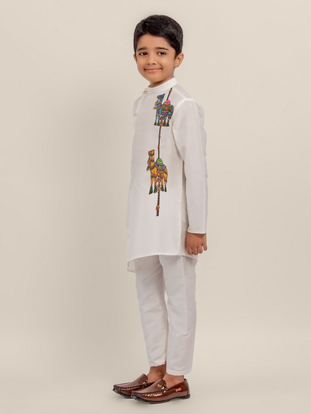 Boys White Dupion Silk Kurta with Print