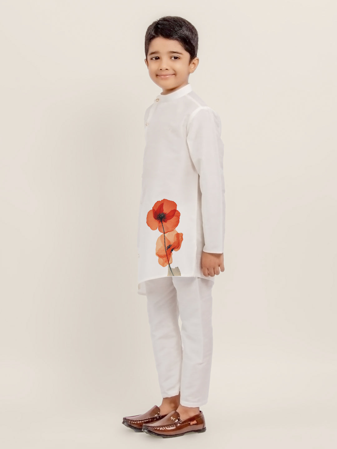 Boys White Dupion Silk Kurta with Print