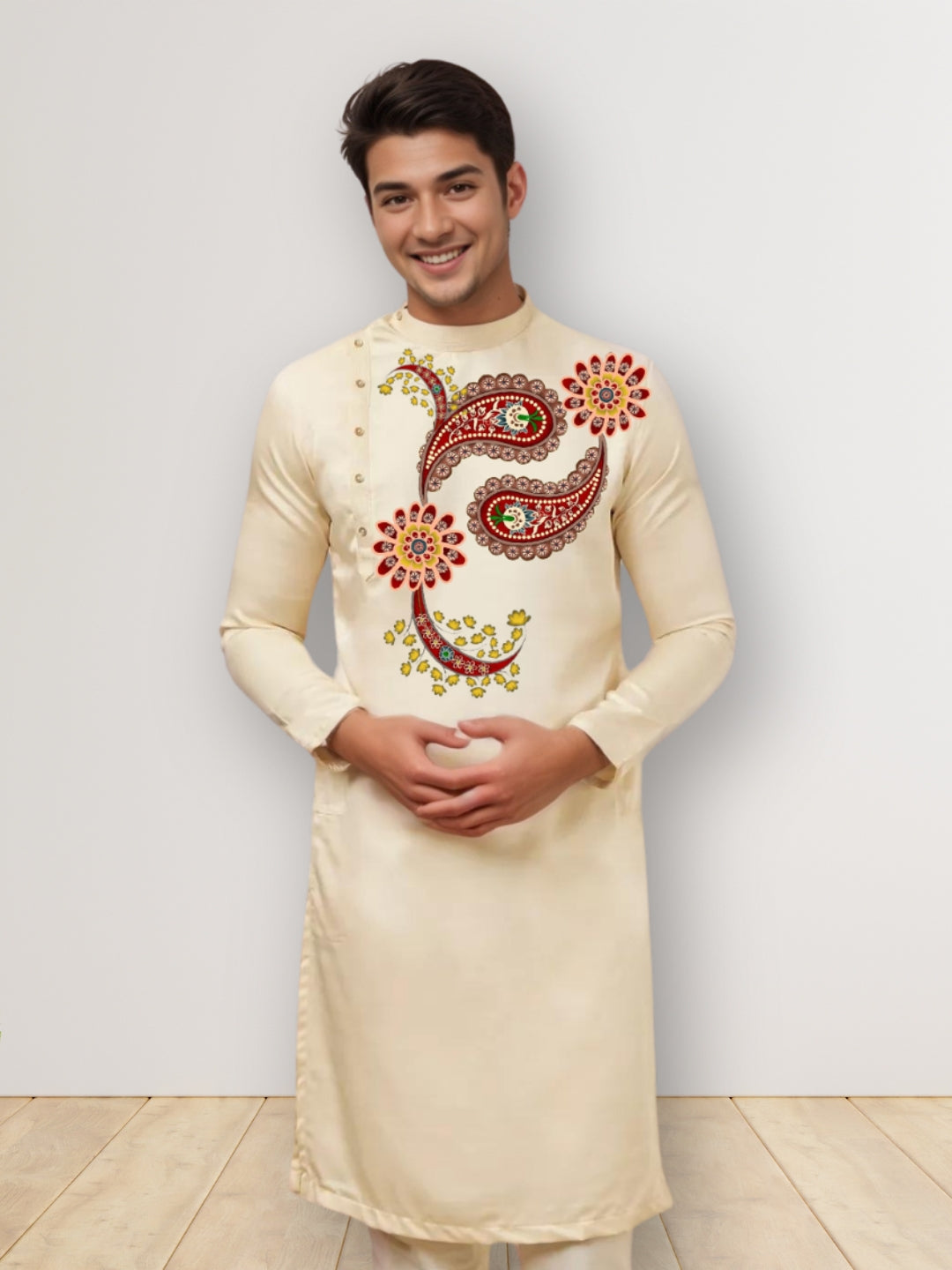 Men's Beige Cotton Kurta With Print