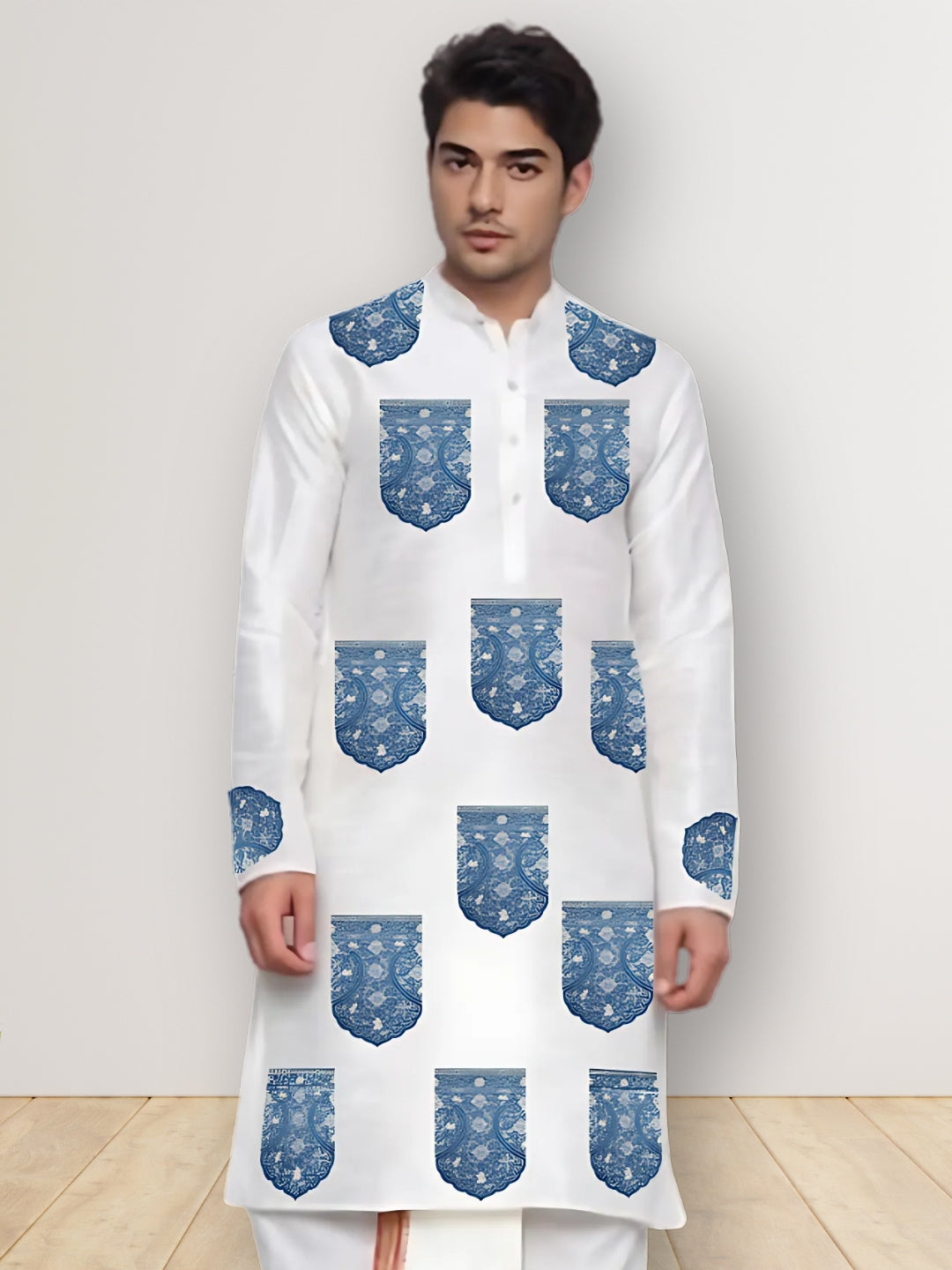 Mens White Printed Kurta