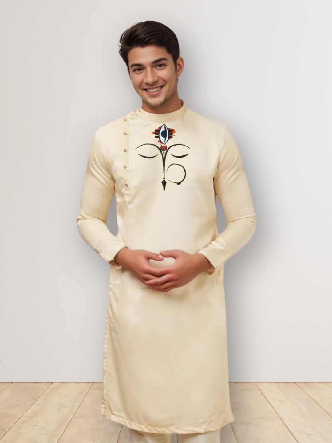 Men's Beige Cotton Kurta With Print