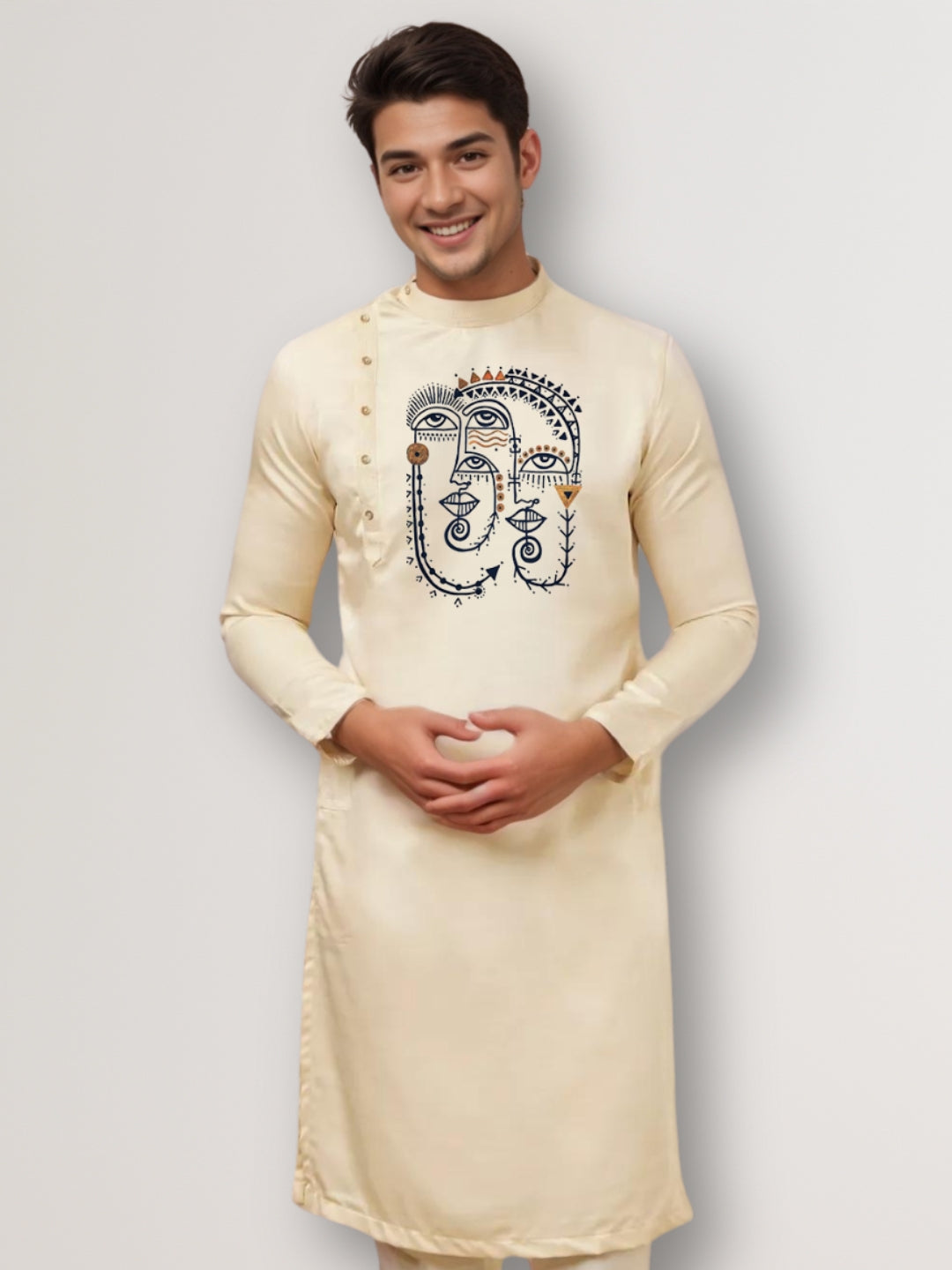 Men's Beige Cotton Kurta With Print