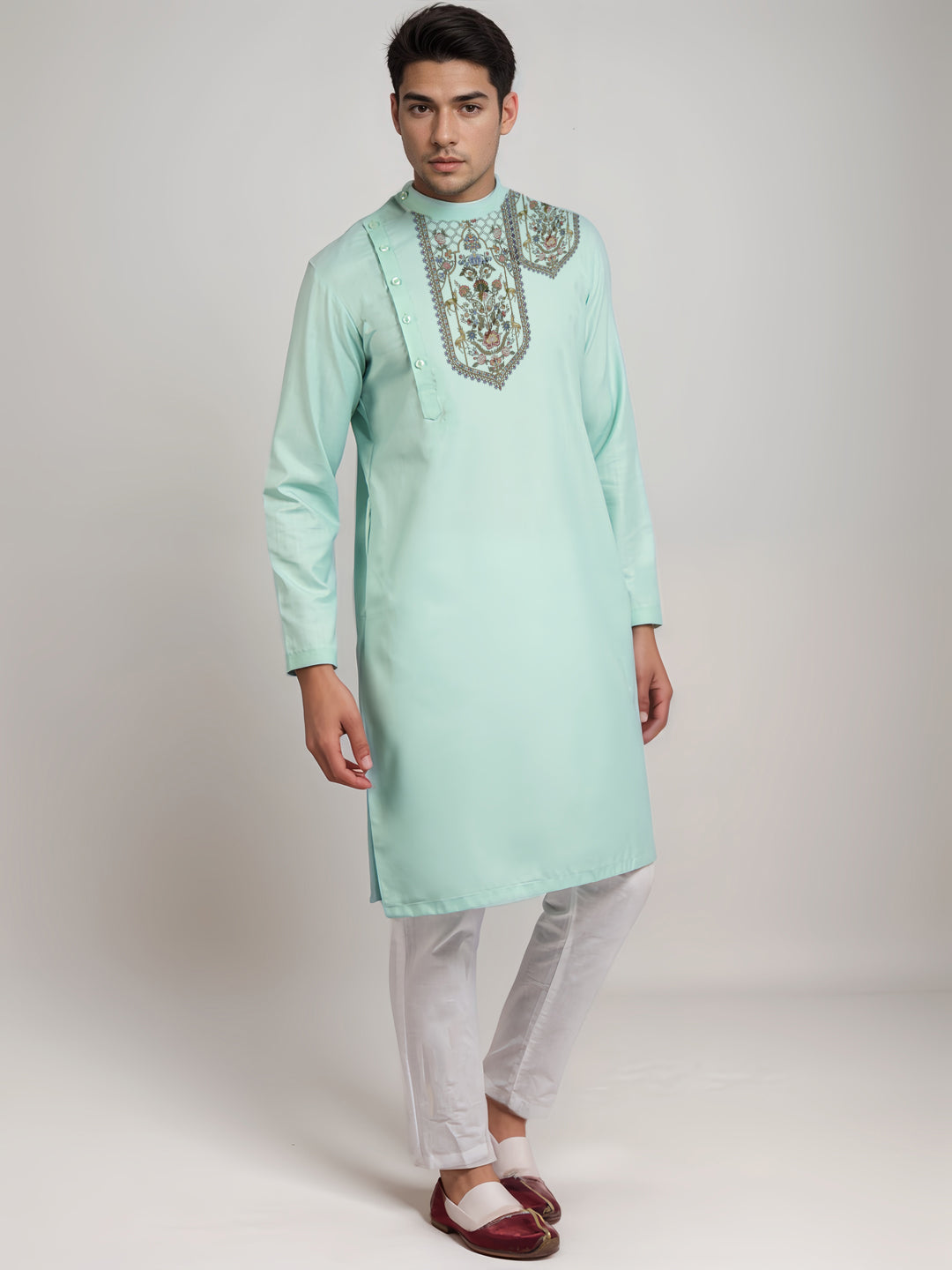 Mens Green Printed Kurta