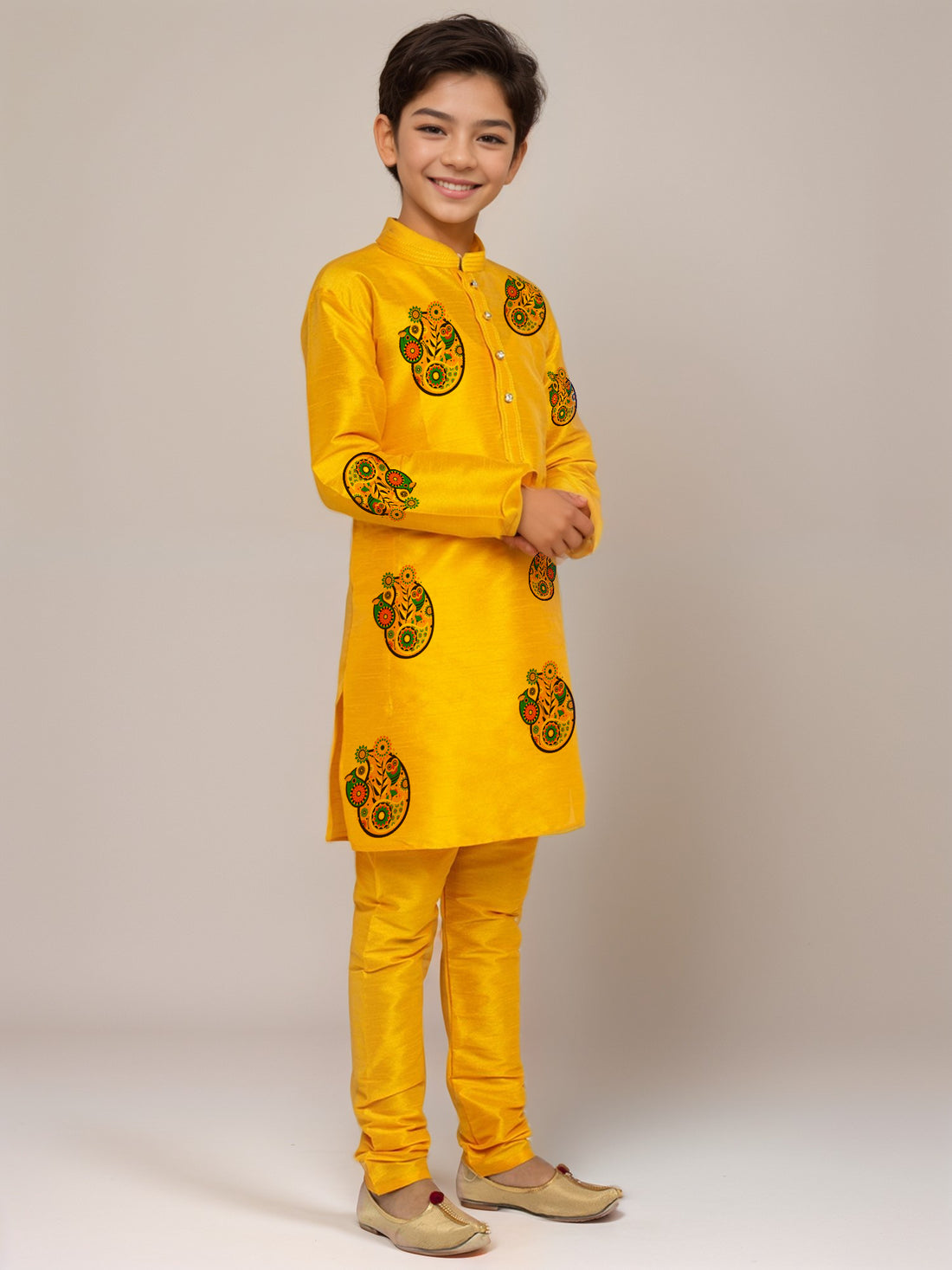 Boys Mustard Printed Dupion Silk Kurta