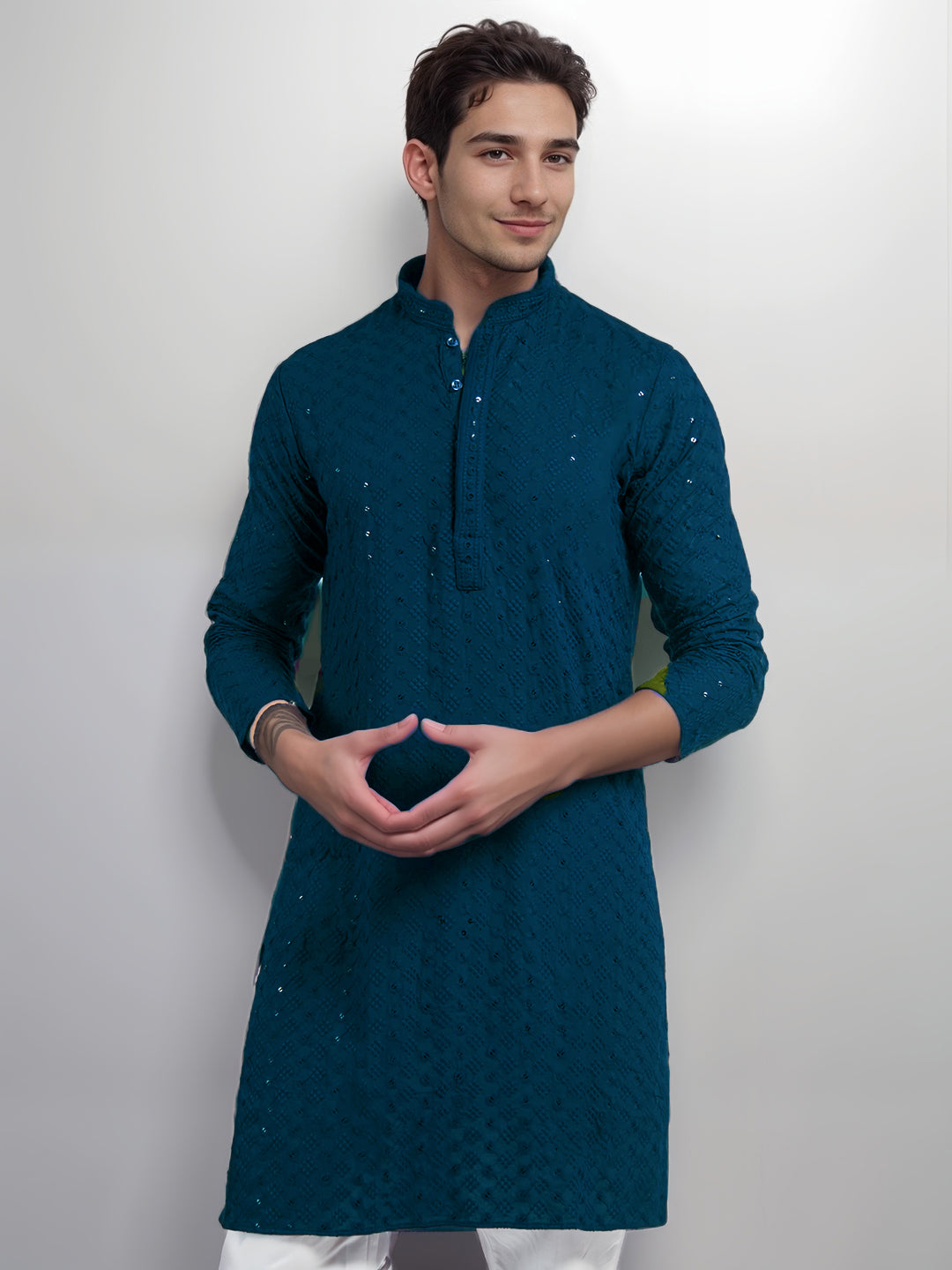 Mens Turquoise Blue Printed Kurta