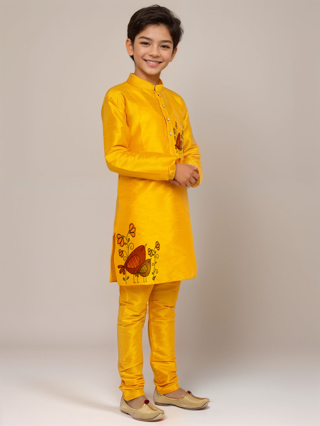 Boys Mustard Printed Dupion Silk Kurta