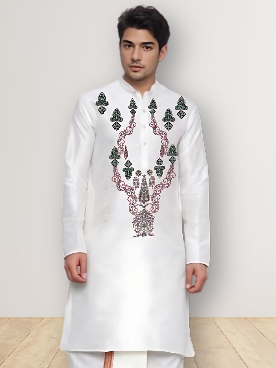 Mens White Printed Kurta