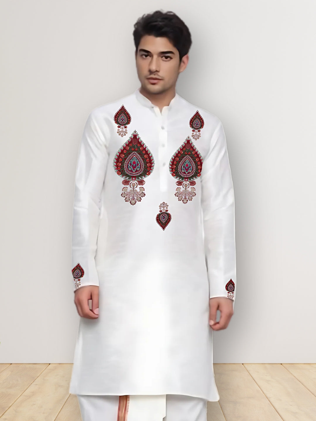 Mens White Printed Kurta