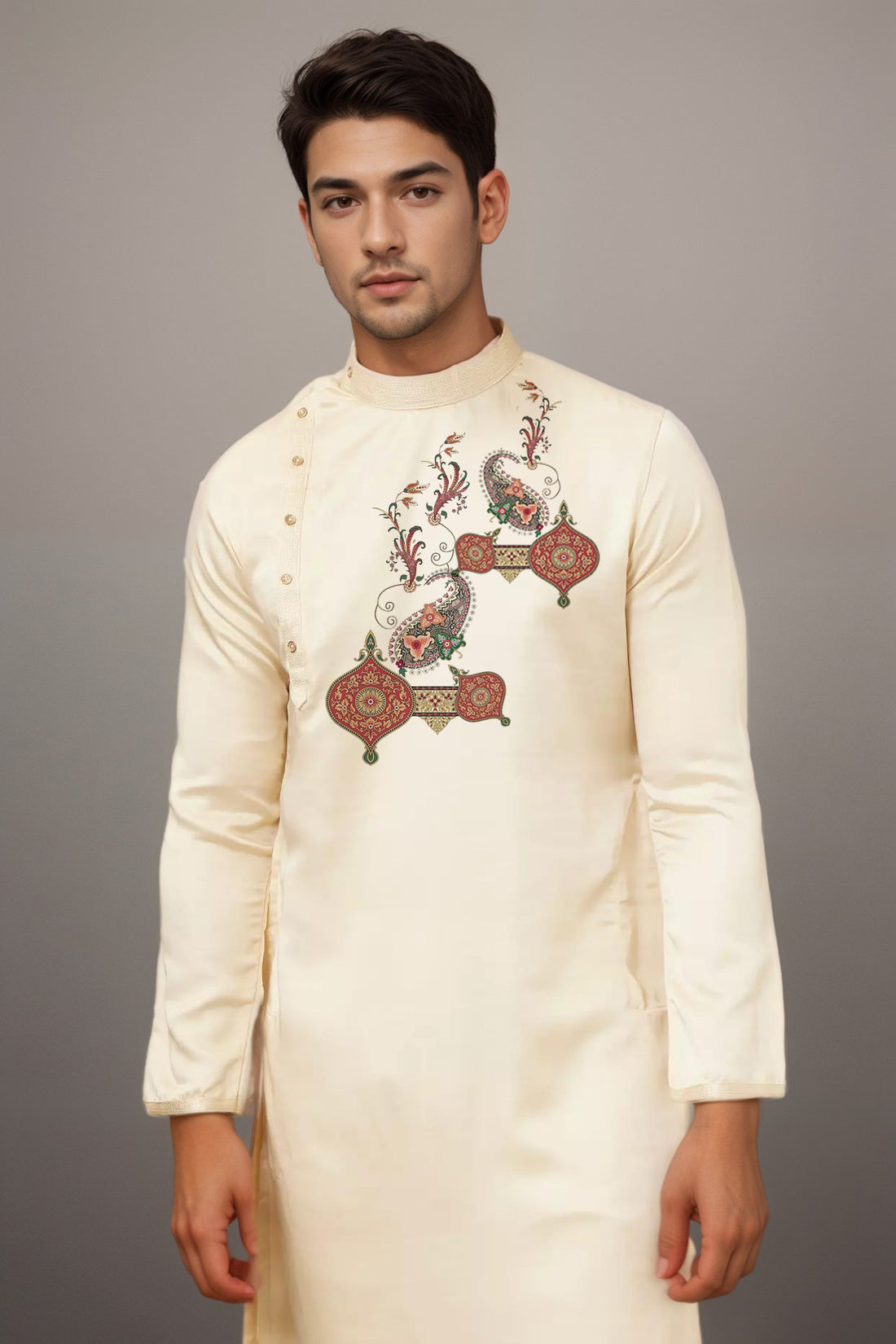 Men's Beige Cotton Kurta With Print