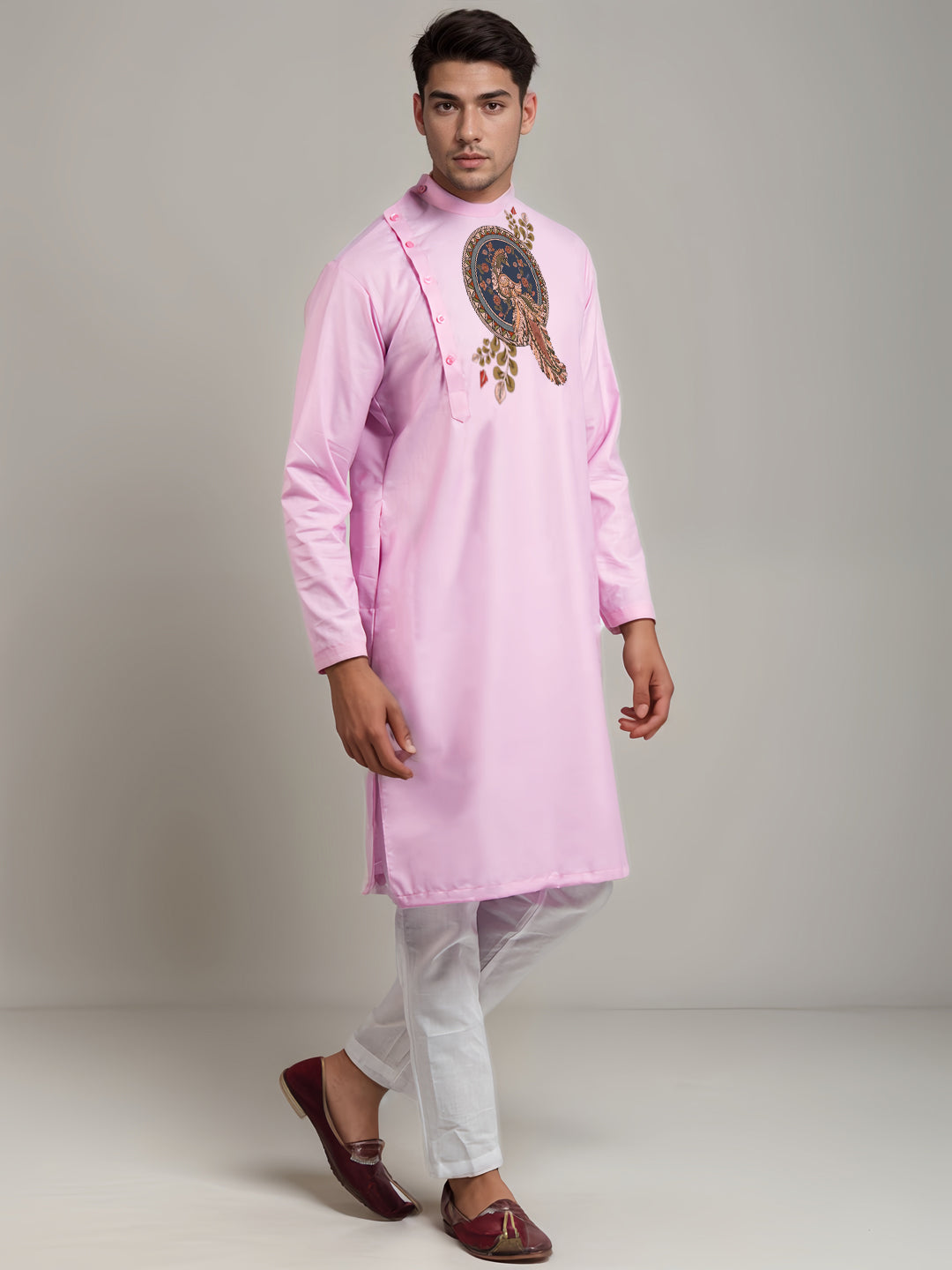 Mens Pink Printed Kurta