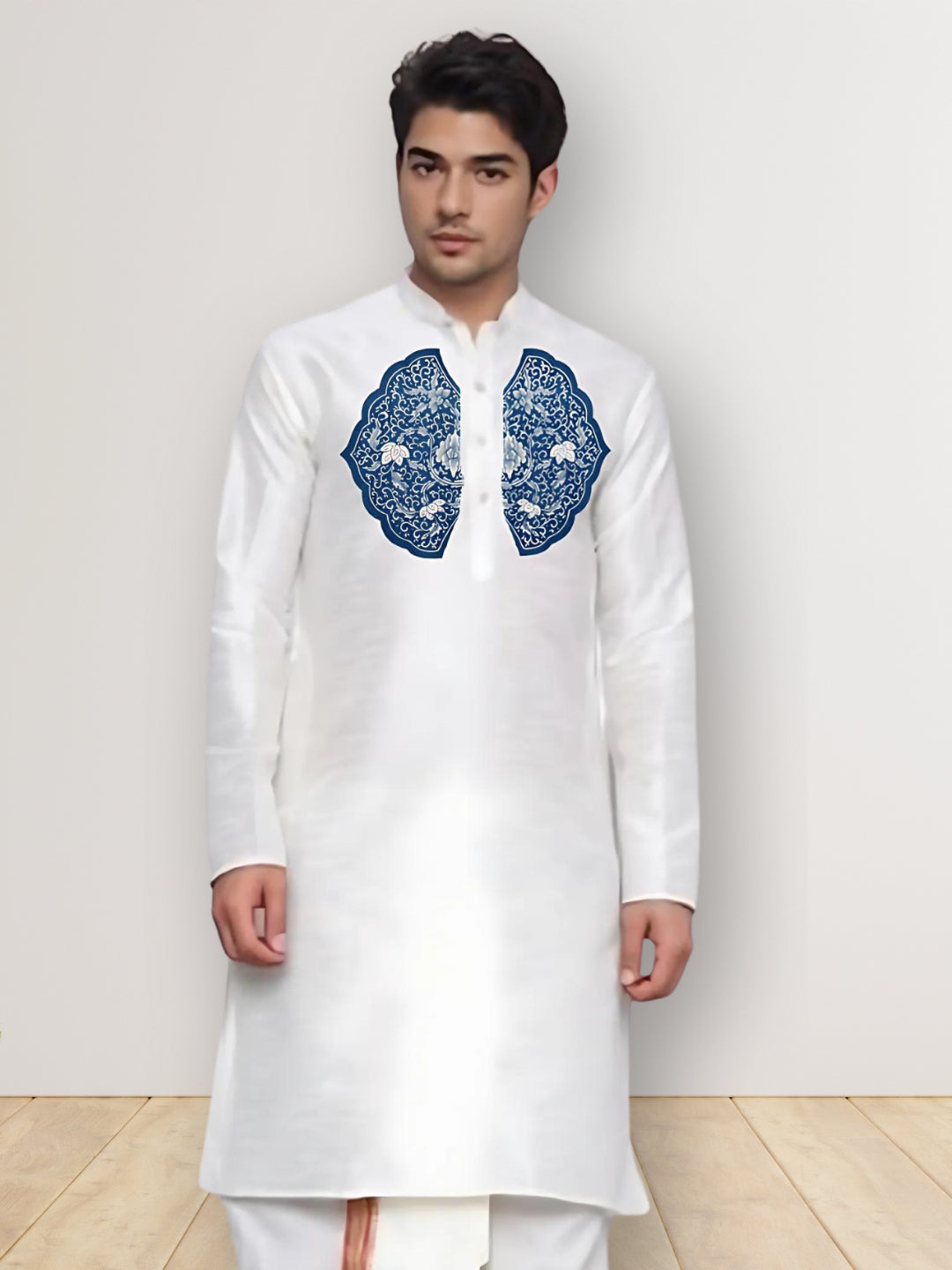 Mens White Printed Kurta