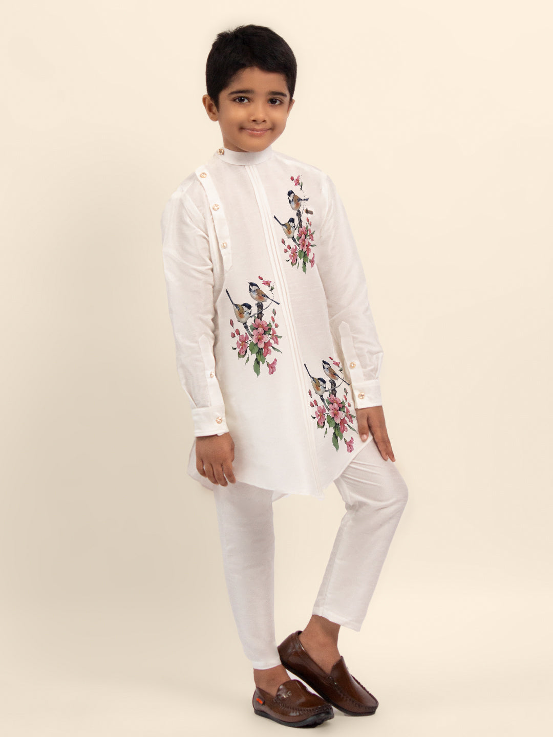 Boys White Dupion Silk Kurta with Print