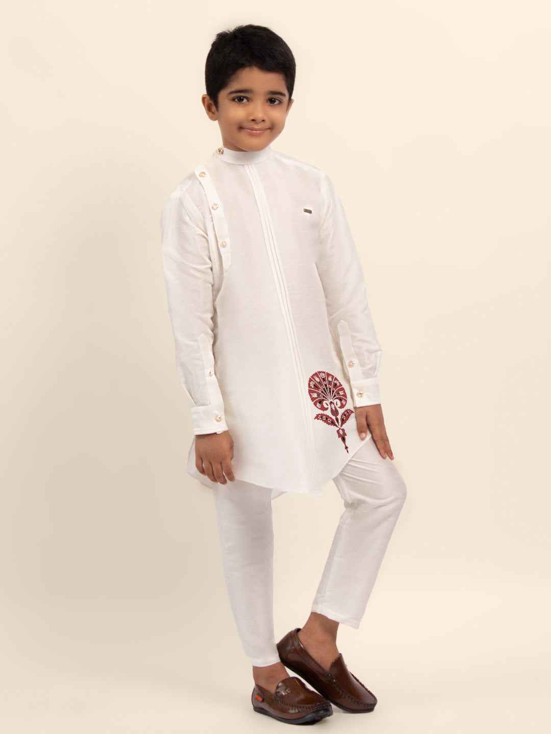 Boys White Dupion Silk Kurta with Print