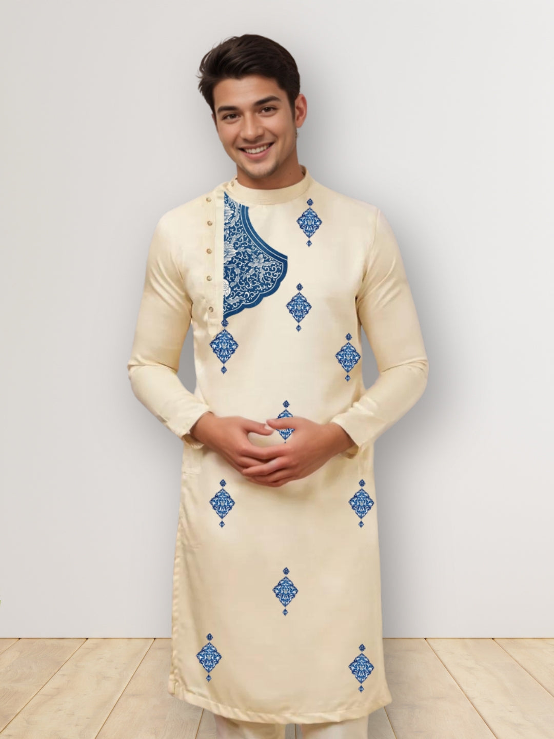 Men's Beige Cotton Kurta With Print