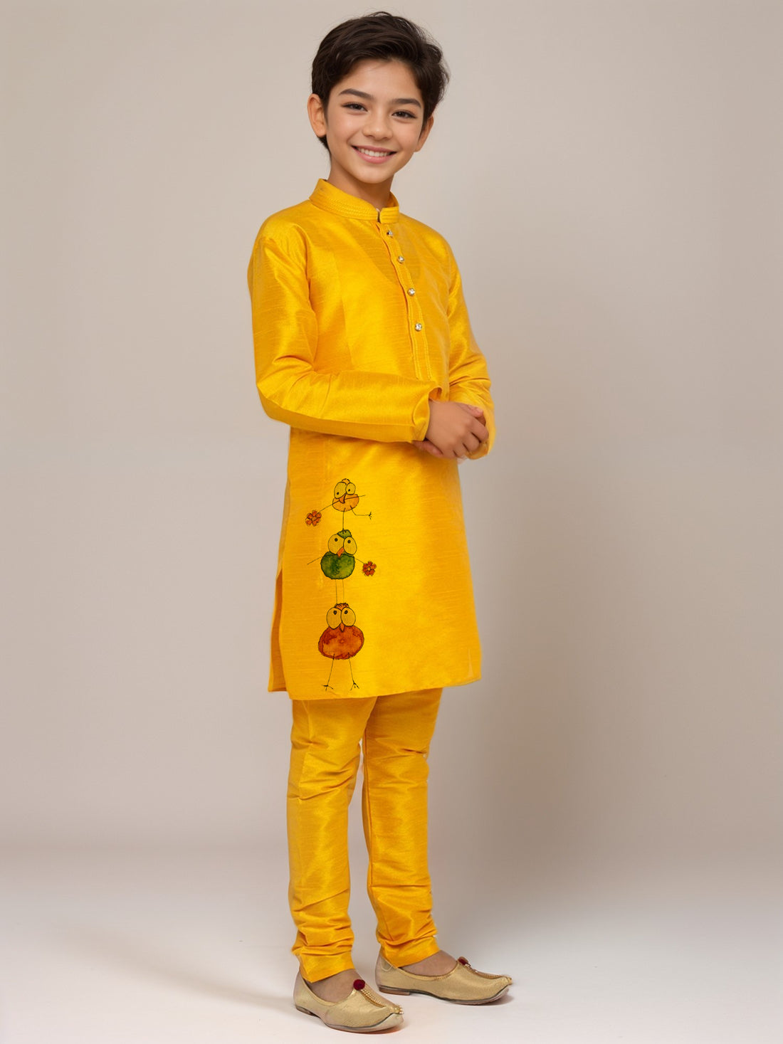 Boys Mustard Printed Dupion Silk Kurta