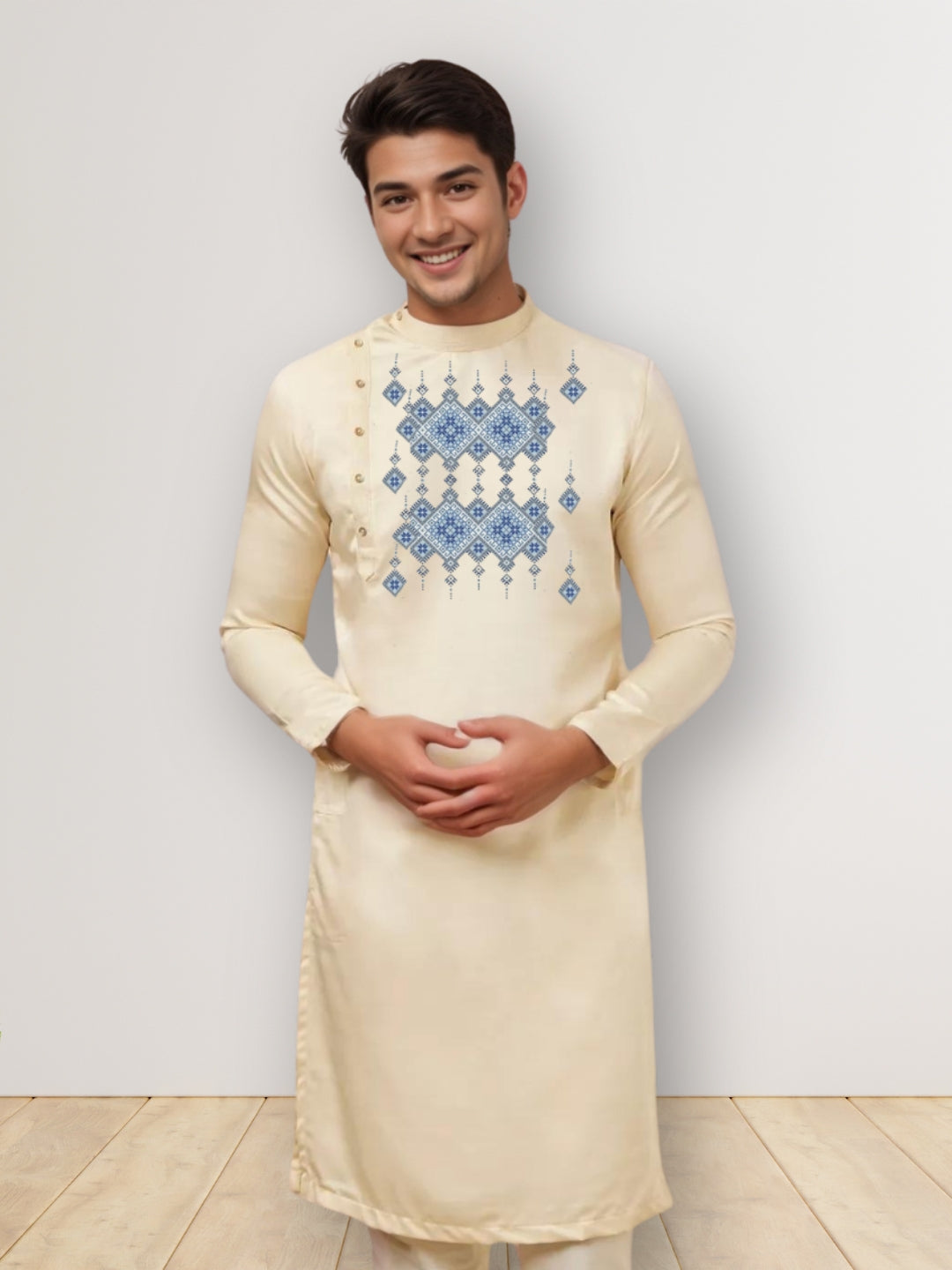 Men's Beige Cotton Kurta With Print