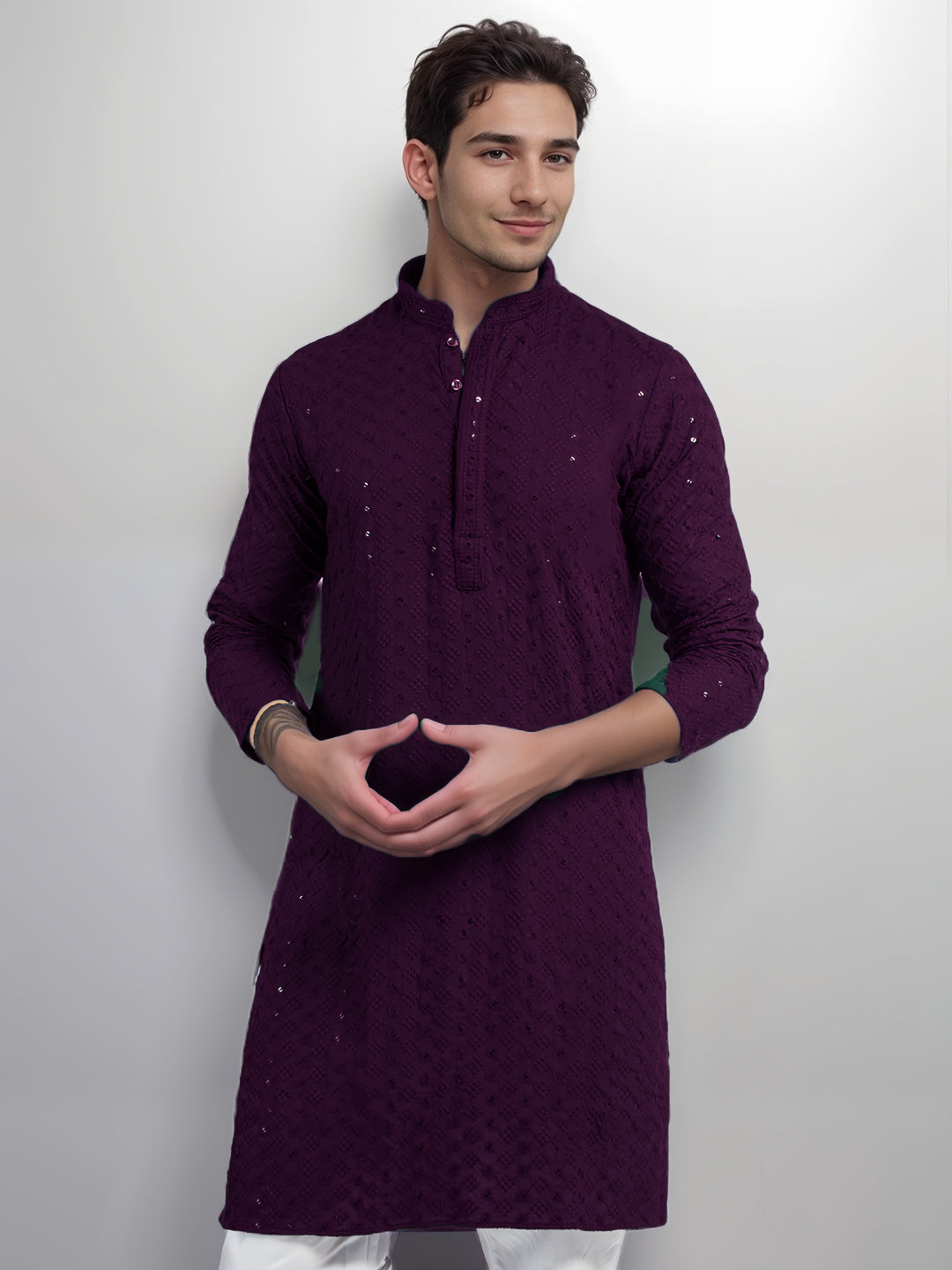 Mens Purple Printed Kurta