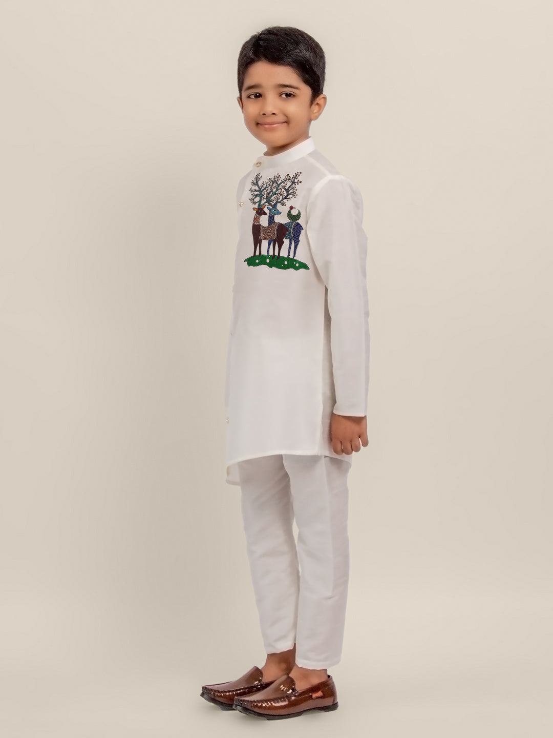 Boys White Dupion Silk Kurta with Print