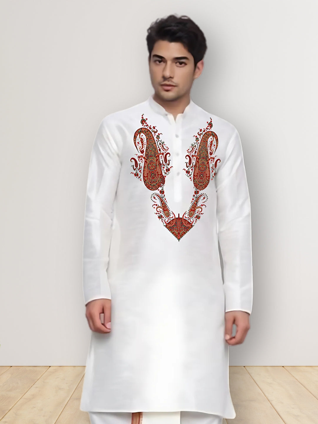 Mens White Printed Kurta