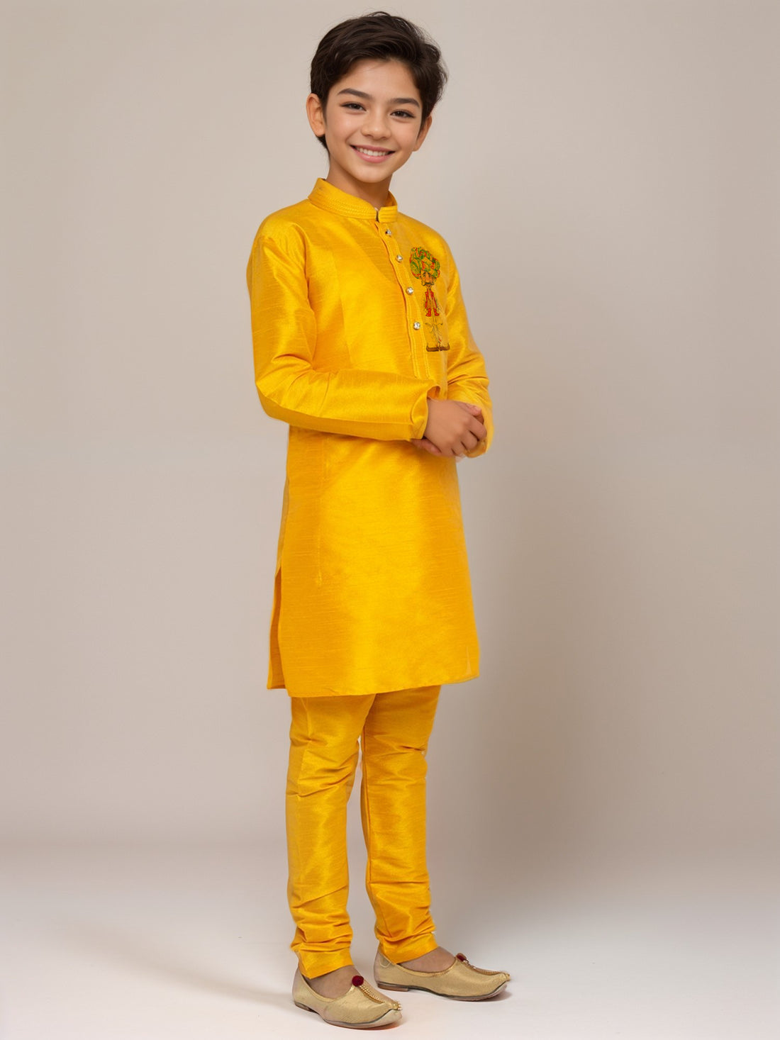 Boys Mustard Printed Dupion Silk Kurta