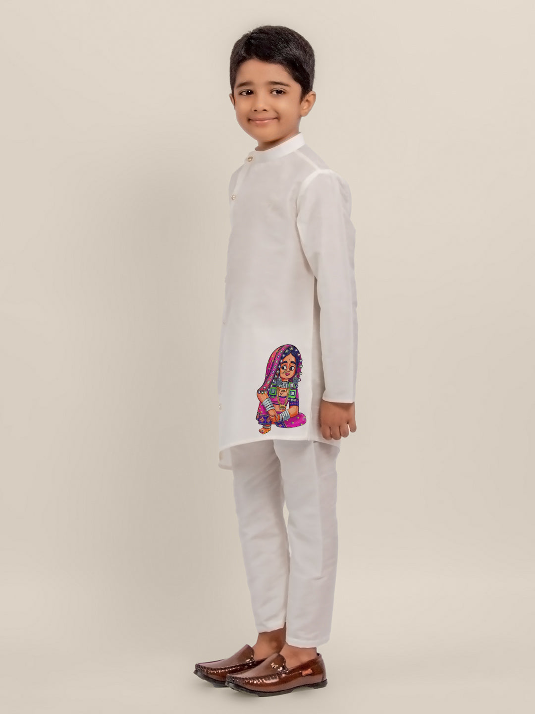 Boys White Dupion Silk Kurta with Print