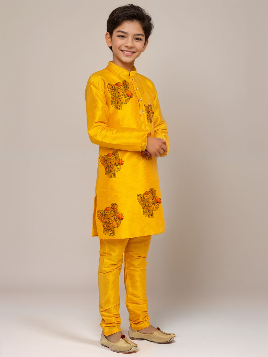 Boys Mustard Printed Dupion Silk Kurta