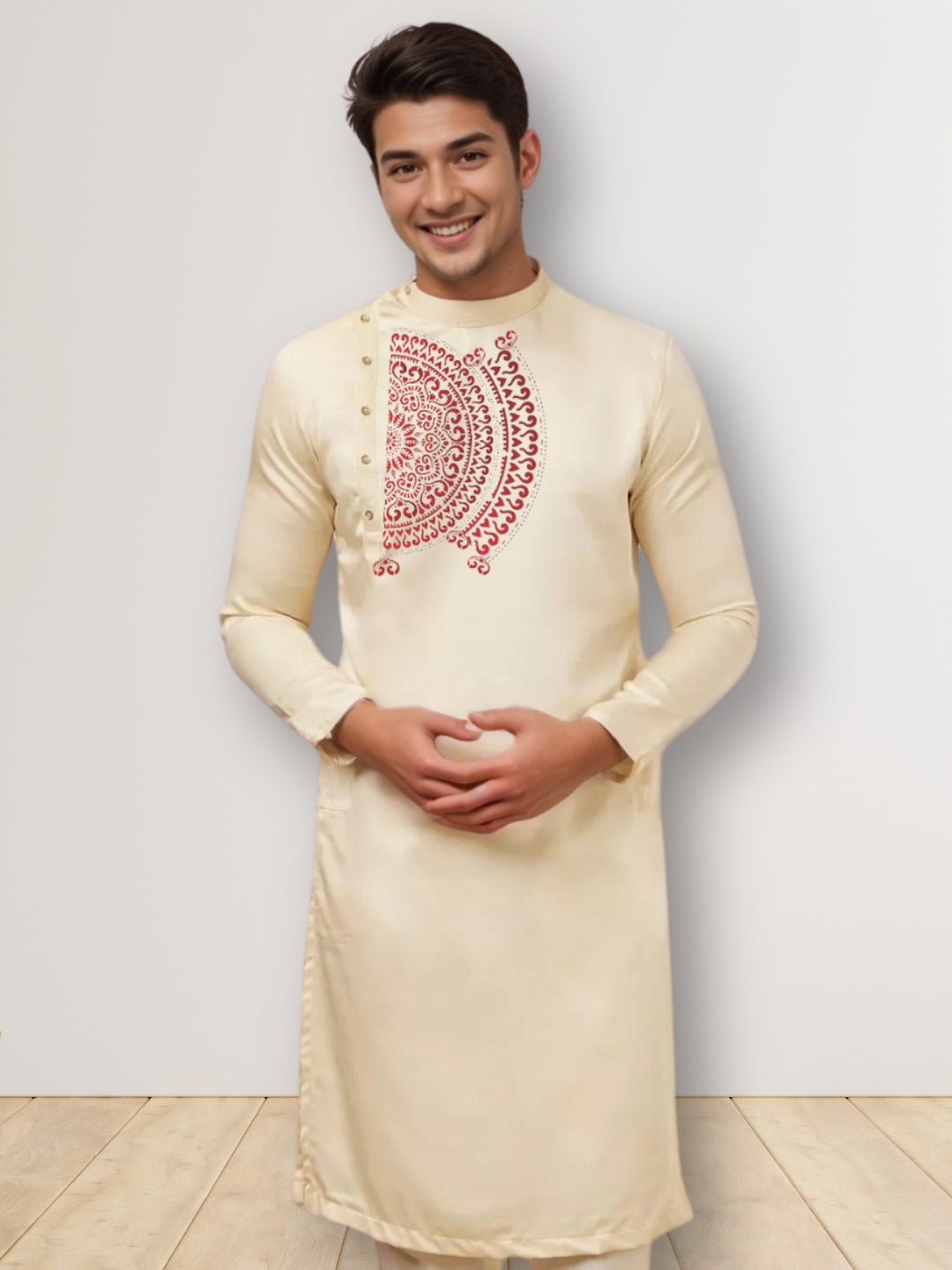 Men's Beige Cotton Kurta With Print