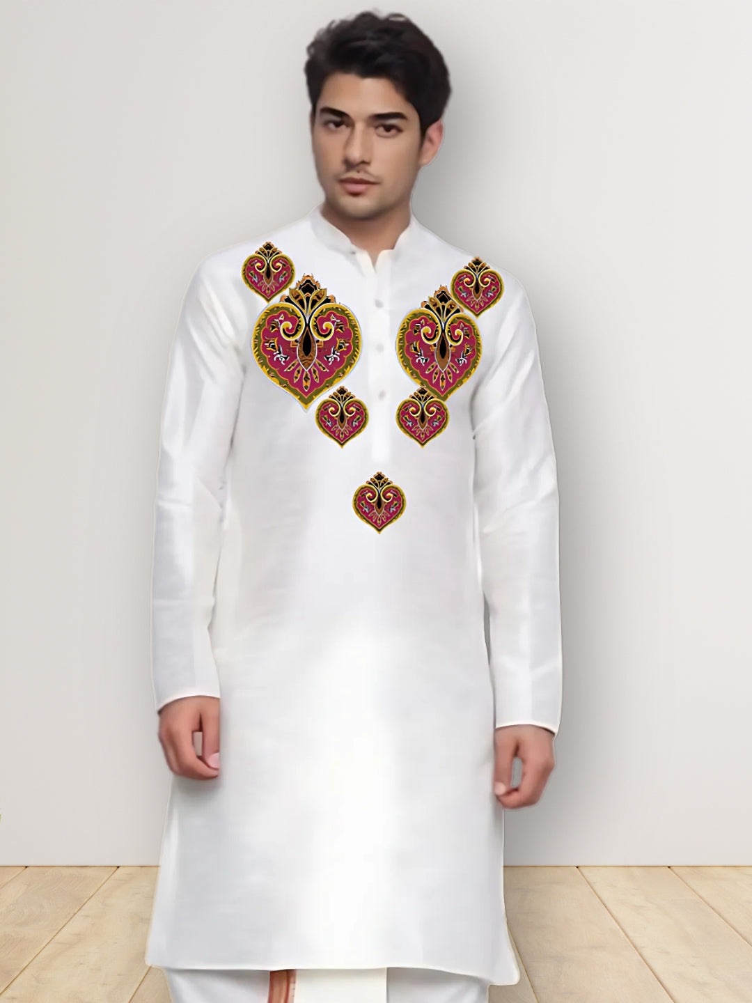 Mens White Printed Kurta