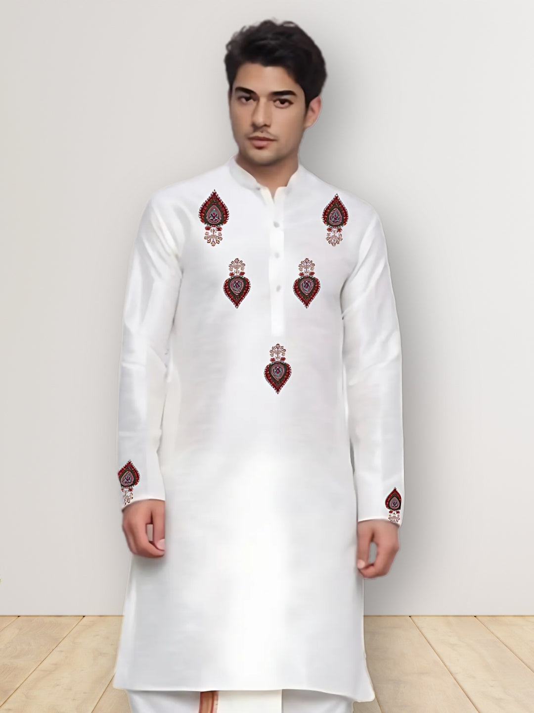 Mens White Printed Kurta