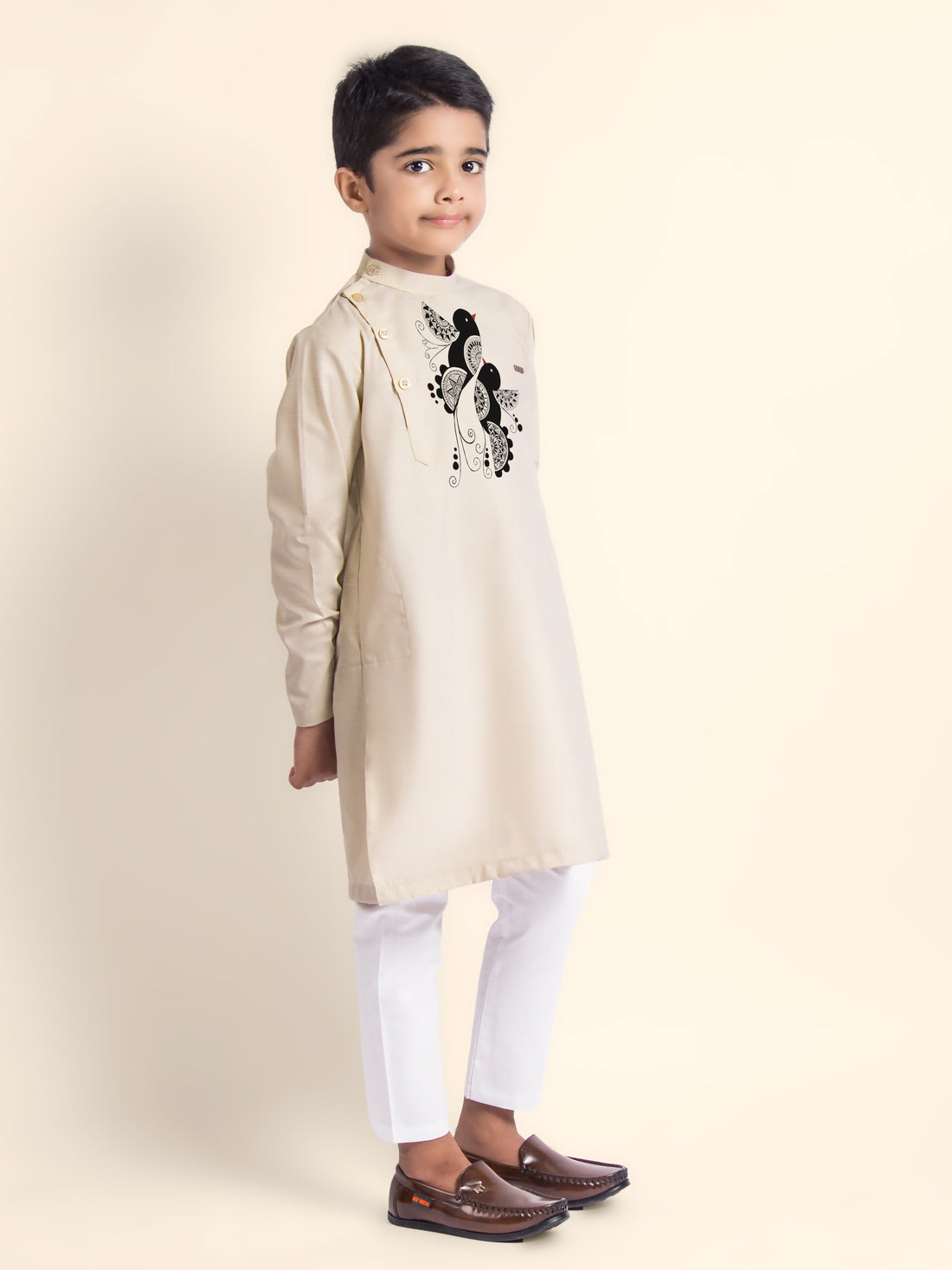 Boys Beige Kurta with Print