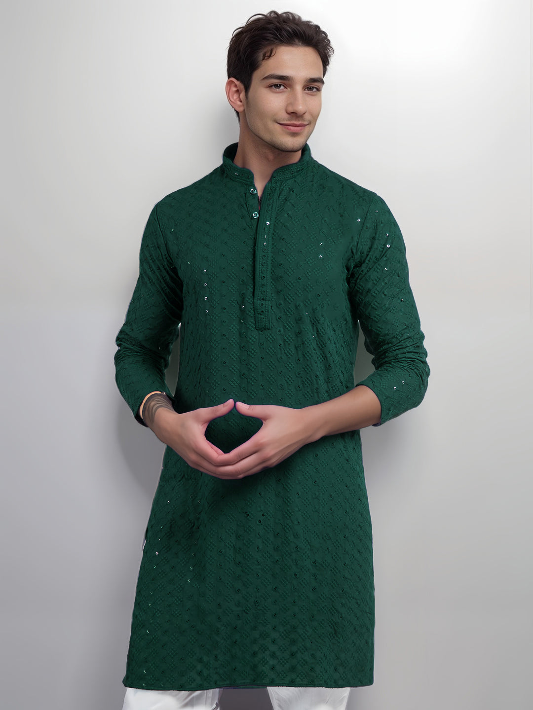 Mens Green Chikankari Kurta