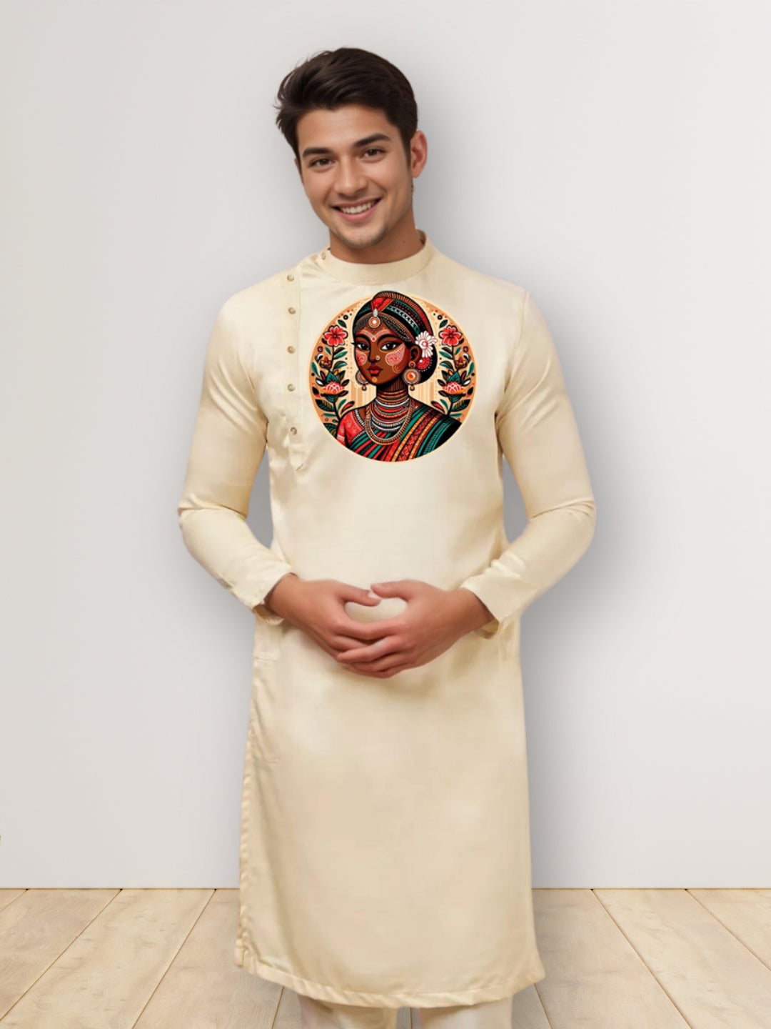 Men's Beige Cotton Kurta With Print