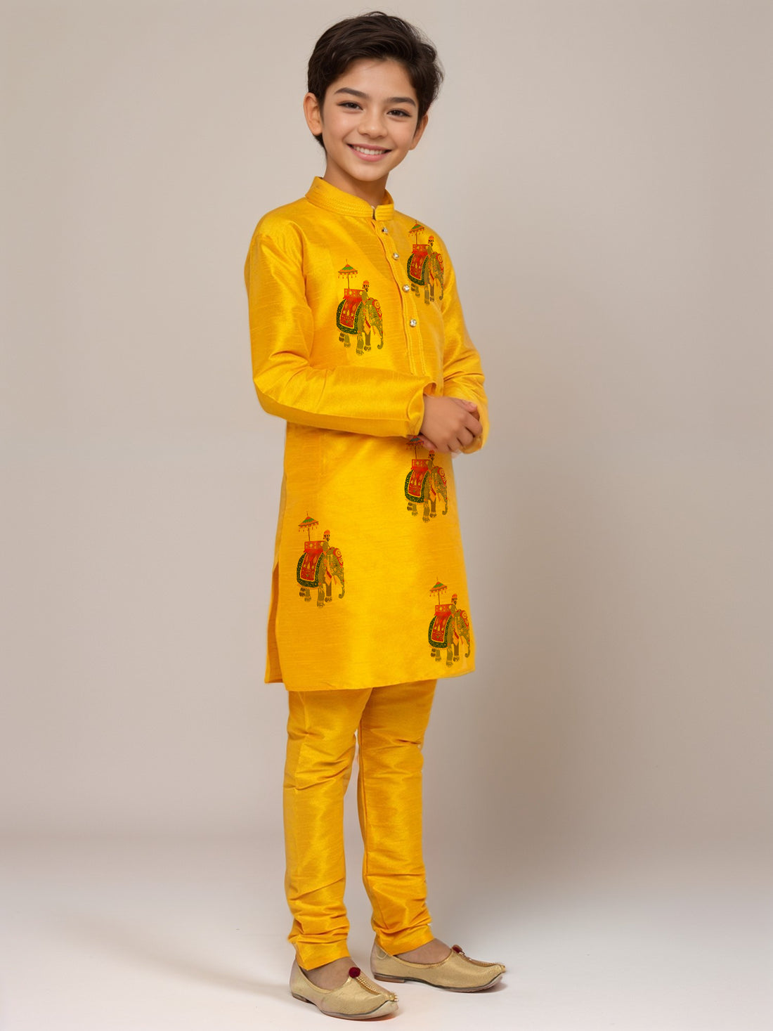 Boys Mustard Printed Dupion Silk Kurta