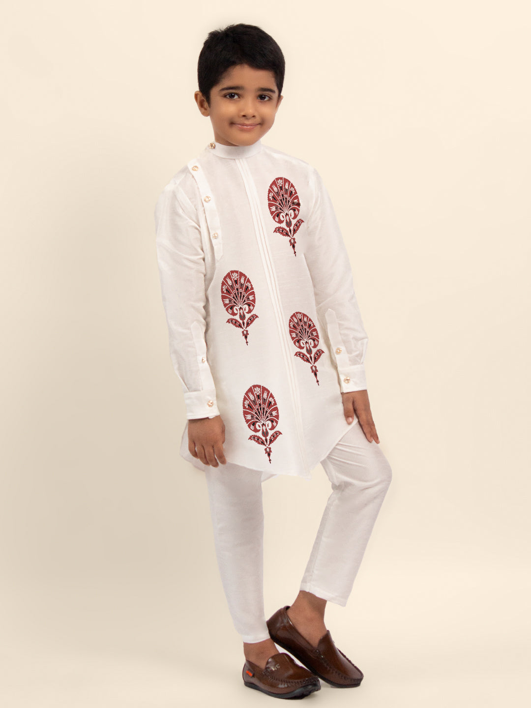 Boys White Dupion Silk Kurta with Print