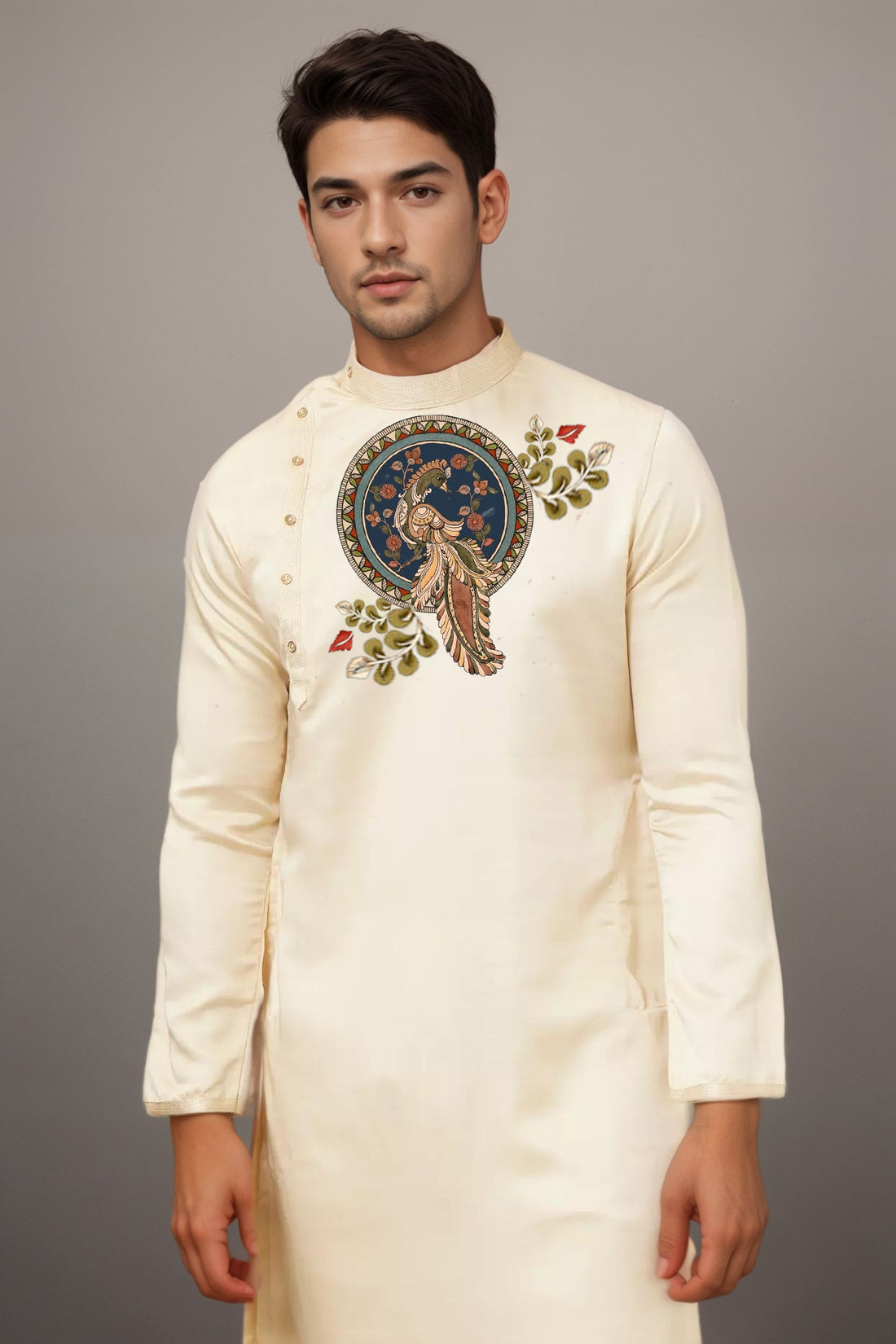 Men's Beige Cotton Kurta With Print