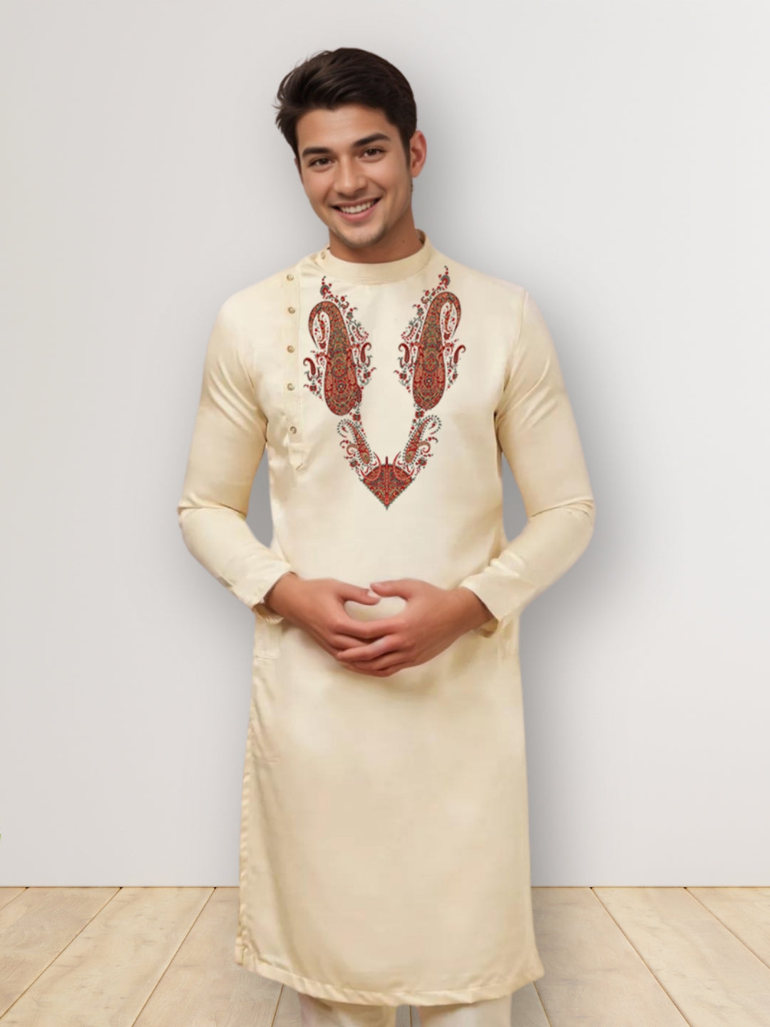 Men's Beige Cotton Kurta With Print