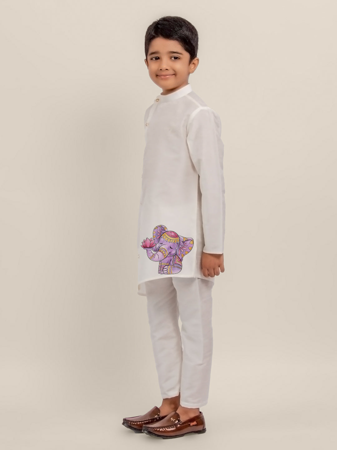 Boys White Dupion Silk Kurta with Print