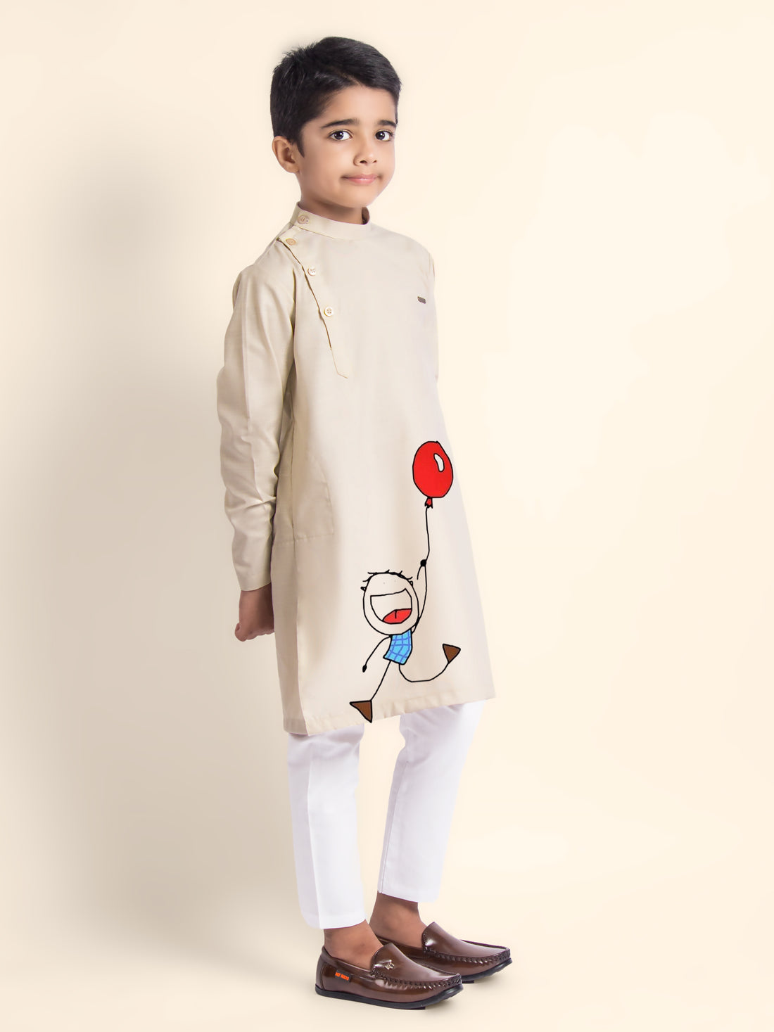 Boys Beige Kurta with Print