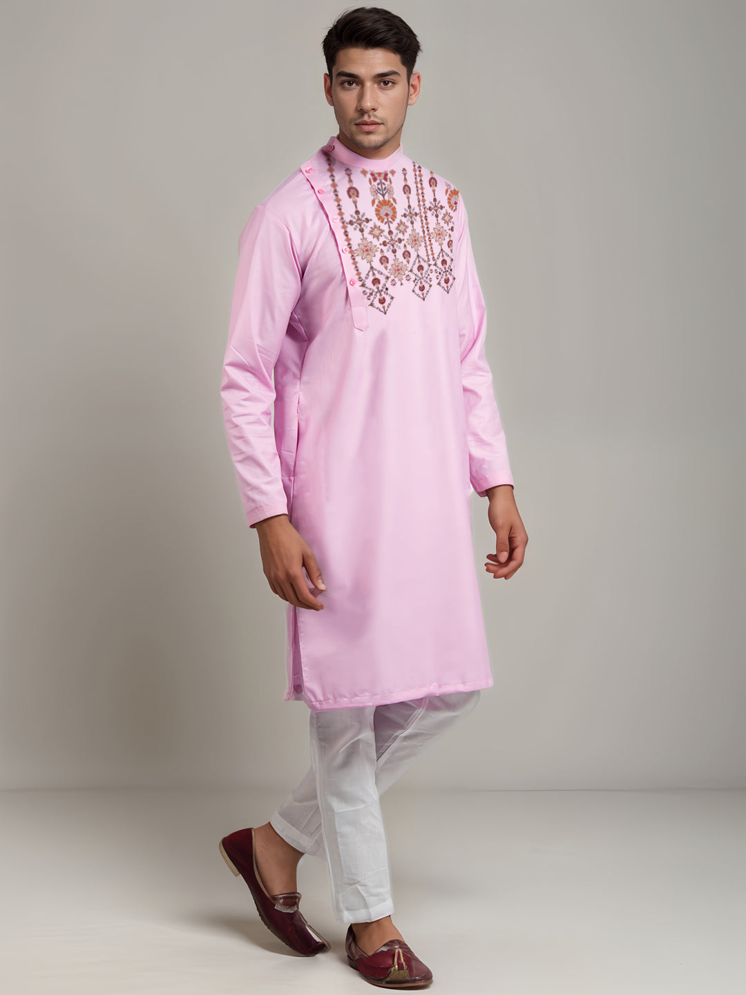 Mens Pink Printed Kurta