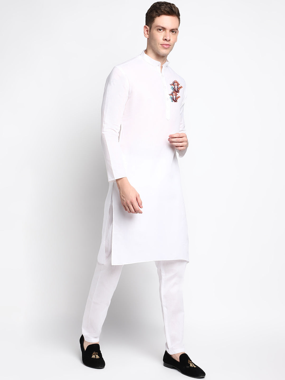 Mens White Printed Kurta