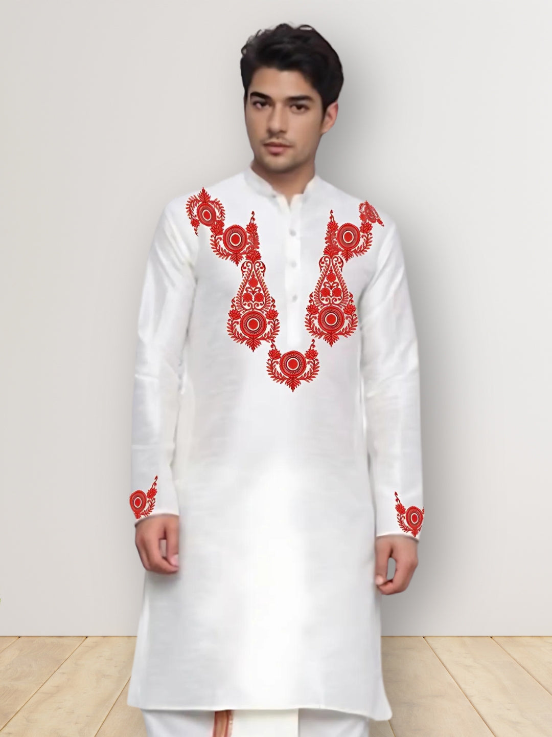 Mens White Printed Kurta