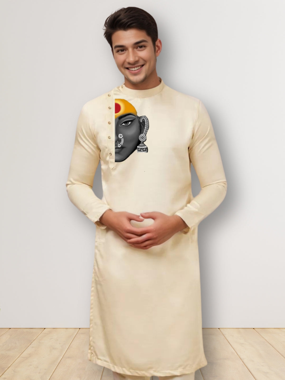 Men's Beige Cotton Kurta With Print